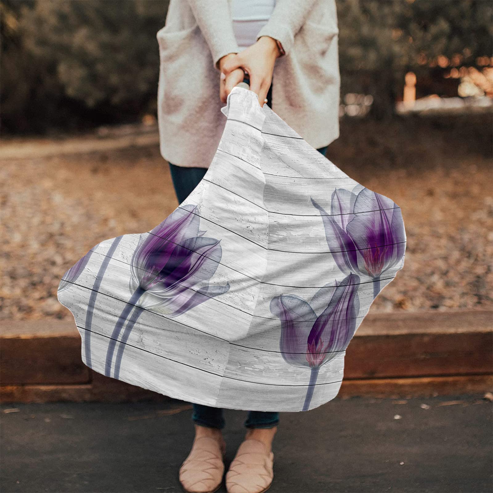 Nursing Cover for Breastfeeding Scarf, Purple Flower White Wood Grain Baby Car Covers Super Soft Multi Use for Canopy Shopping Cart Cover Blanket Stroller Cover
