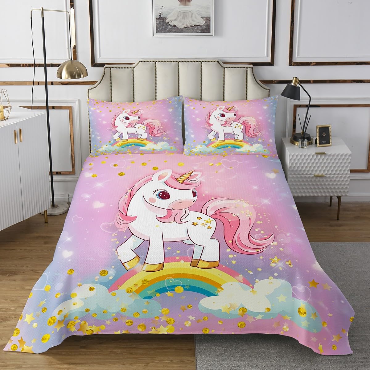 Girls Unicorn Quilt Set Rainbow Cute Unicorn Kids Bedspread Boys Teens Gold Glitter Bedroom Decor Gradient Pink Blue White Coverlet Twin Size Stars Cloud Cartoon Animal Quilted Bedding Collection