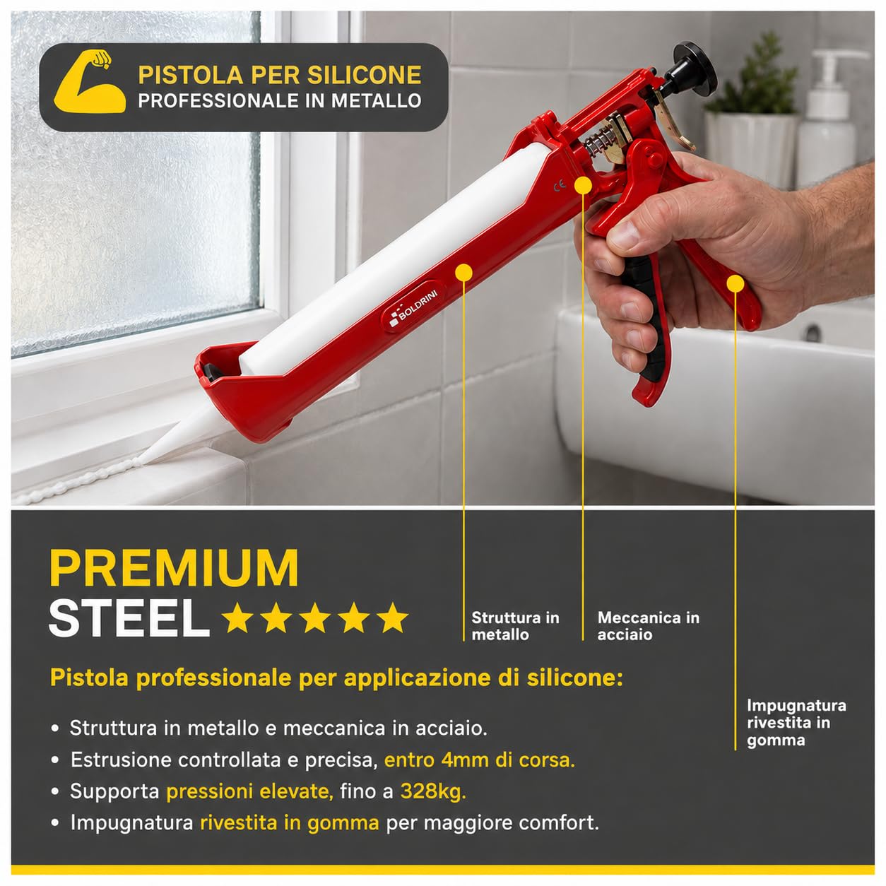 Pistola per Silicone Professionale in Metallo Premium – Estrusione Precisa, Meccanismo Antigoccia e Silenziato | Supporta Pressione Fino a 328 kg | Impugnatura Comfort per Fai-da-te & Edilizia