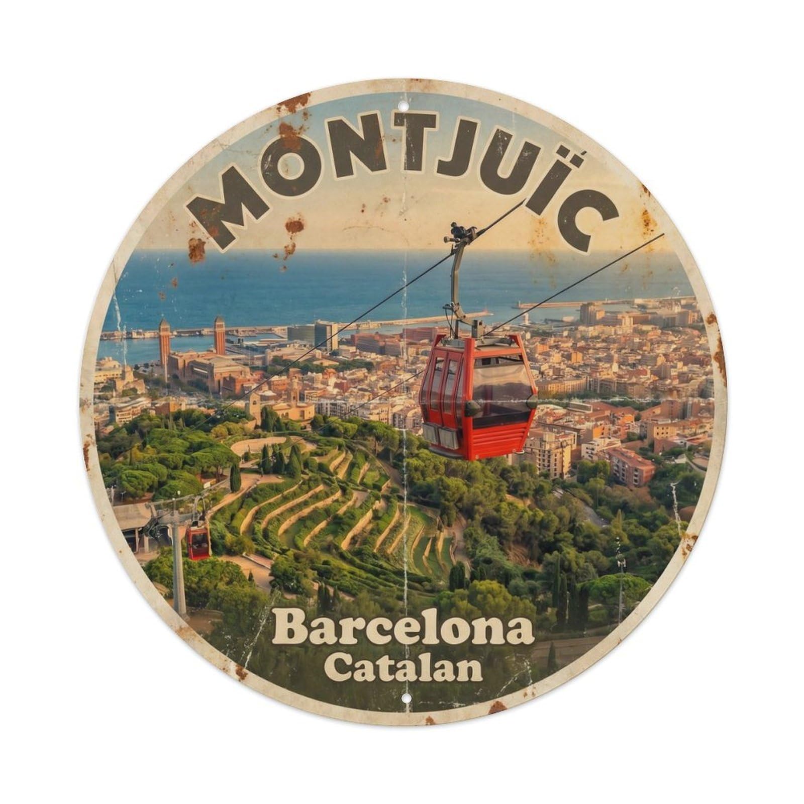 Barcelona Montjuic Catalan Vintage Travel City Panorama Metal Tin Sign Plaque Wall Decor for Cafe, Man Cave, Club Bar, Office, Home Garden Round Metal Poster 8x8Inch