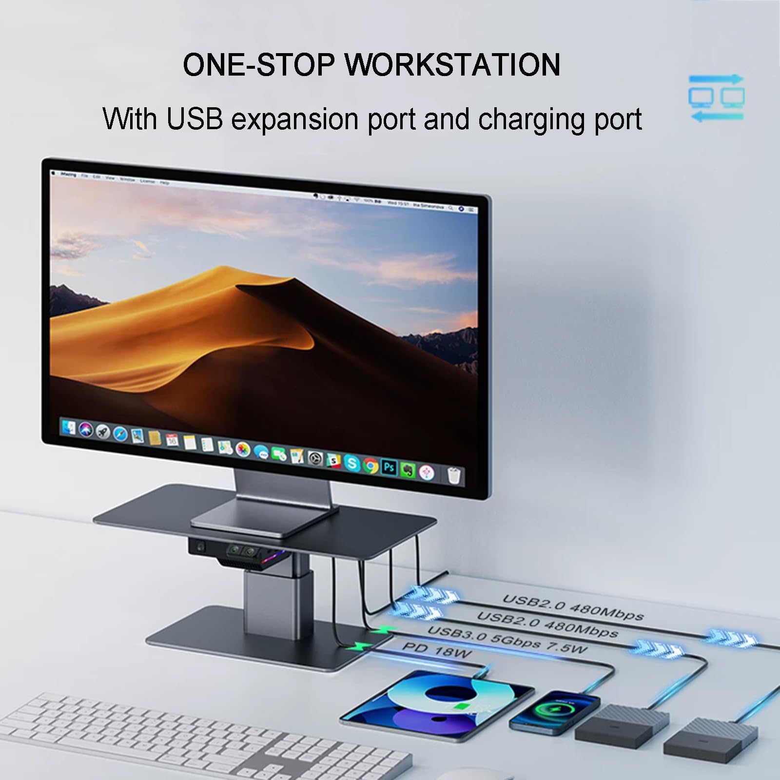 Supporto Rialzato per Monitor da Scrivania, Supporto per Computer in Alluminio Regolabile in Altezza con Hub USB 3.0, Illuminazione RGB, capacità di Carico 44 Libbre (20 kg) per Pc, Laptop