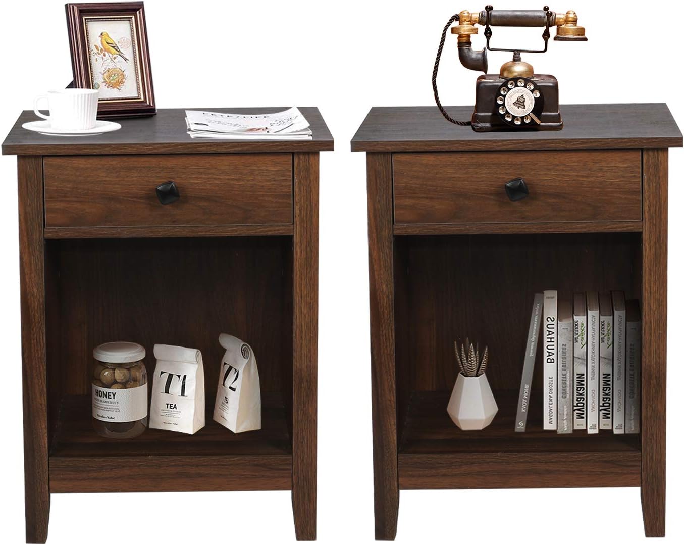 GBU Bedroom Nightstands - Set of 2 Wooden Night Stands with Drawer for Home Bedside End Table Large Storage Furniture, Brown Wood Grain 18.11 in x 15.75 in x 23.62 in