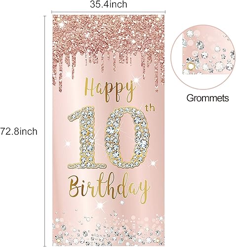 Miniatura 2 de Cartel de feliz cumpleaños 10 para puerta, decoración de fondo de oro rosa rosa para fiesta de cumpleaños de 10 años, suministros para cubierta de