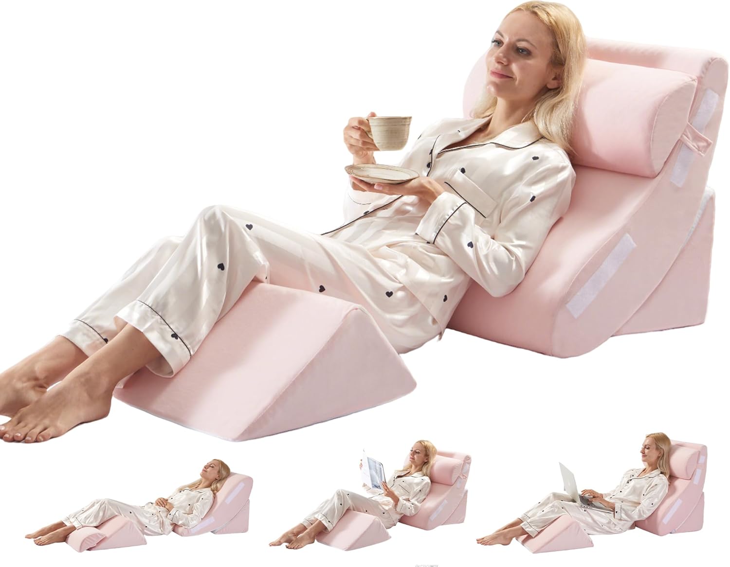 4PCS Orthopedic Bed Wedge Pillow Set for Post Surgery Recovery - Adjustable Memory Foam Support Pillows for Back/Leg/Shoulder Pain Relief, Acid Reflux & Anti Snoring Sleeping System, Pink Pink 4 Piece Set