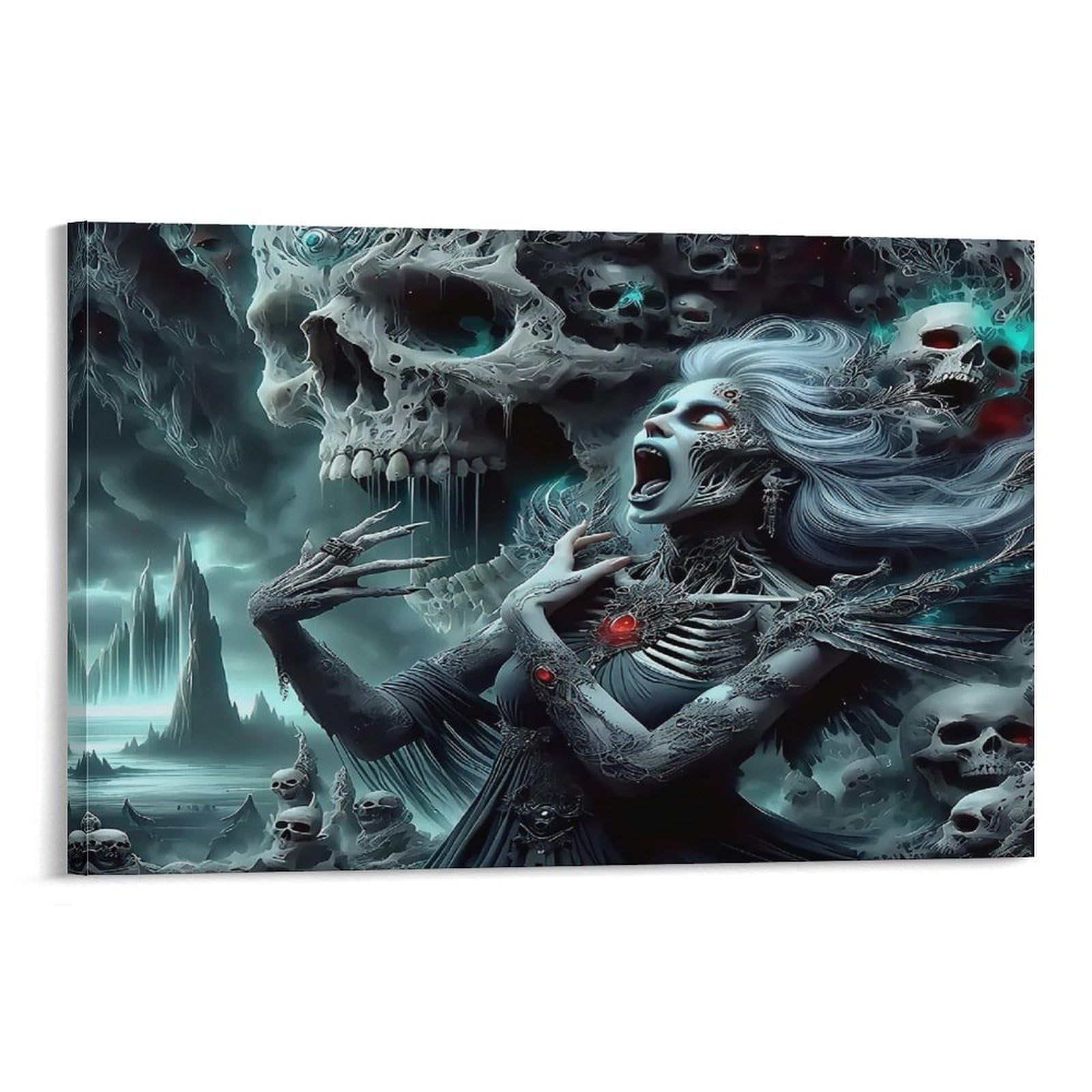 Smiling Emoji with Flowers in Sunny Garden Single Skeleton Lady Giant Skull Spooky Cave Scene Canvas Wall Art - Housewarming Gift Living Room Focal Point Ready to Hang Decor 20x30inch(50x75cm)