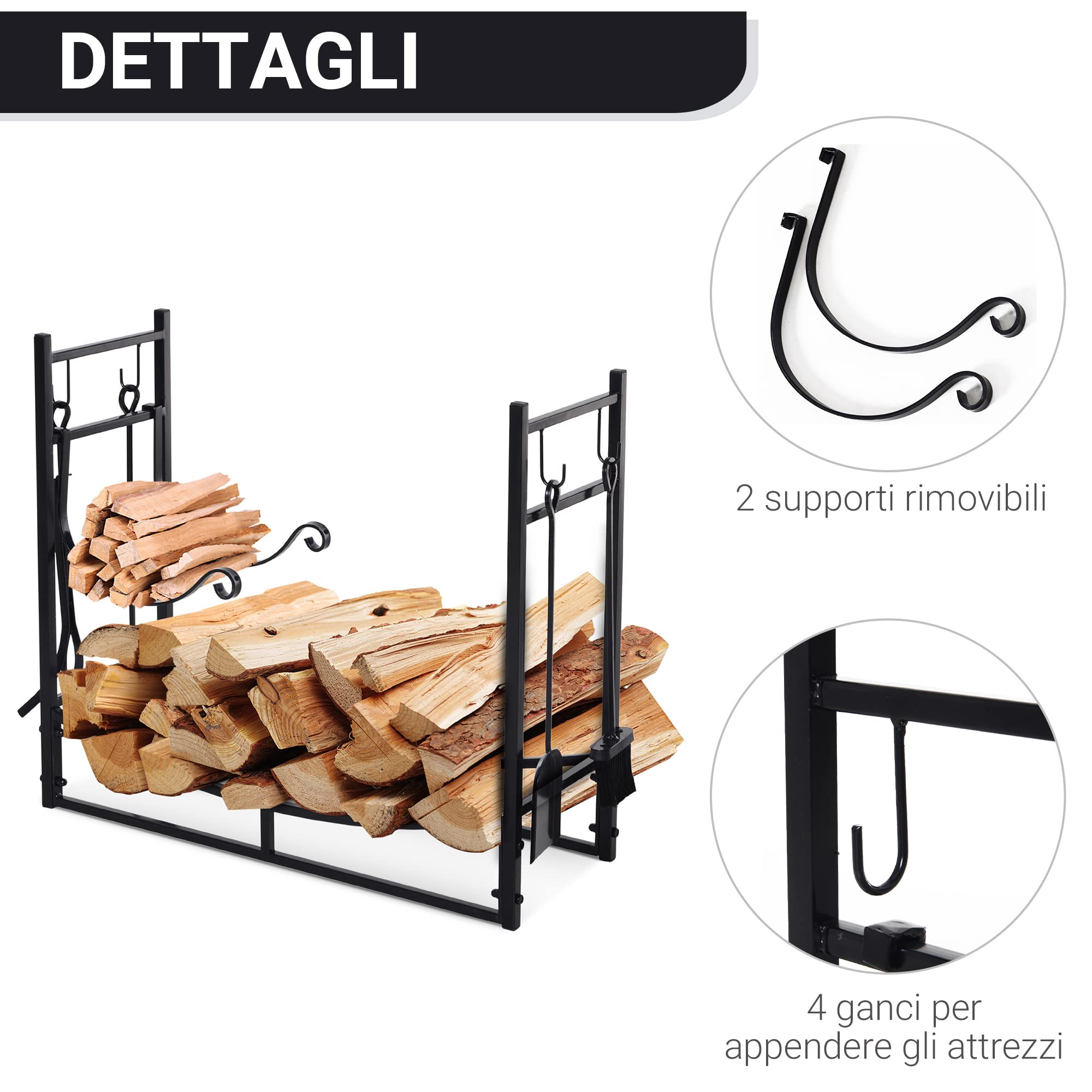 Outsunny Portalegna da Interno ed Esterno in Metallo con Paletta, Scopa, Attizzatoio e Pinza, Nero, 84x33x76cm