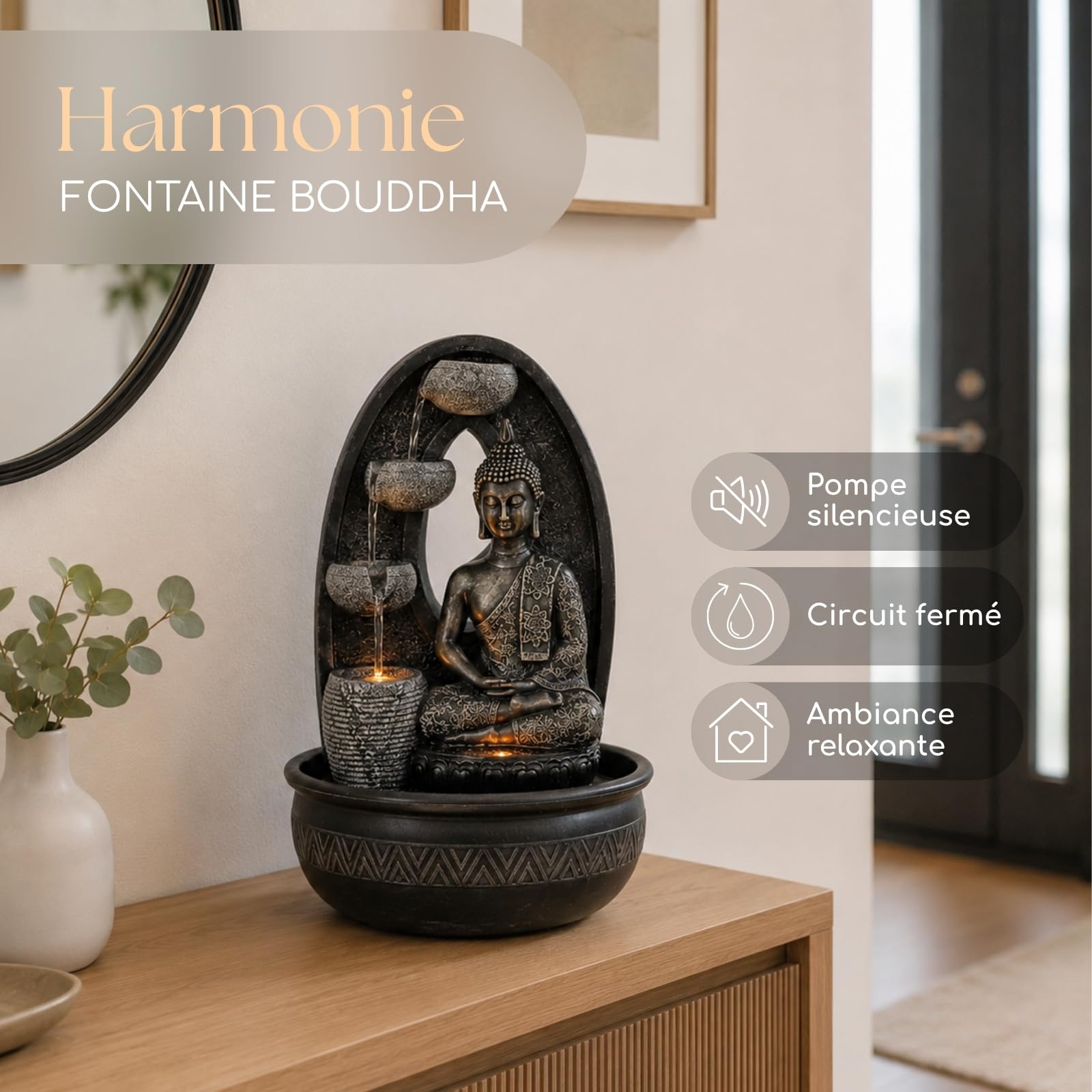 Fontaine d’Intérieur Bouddha Harmonie – Fontaine à Eau avec 2 Éclairages LED Colorés – Pompe Silencieuse – Statuette Amovible – Idée Cadeau pour Ambiance Zen et Relaxante – Hauteur : 40cm – Zen’Light