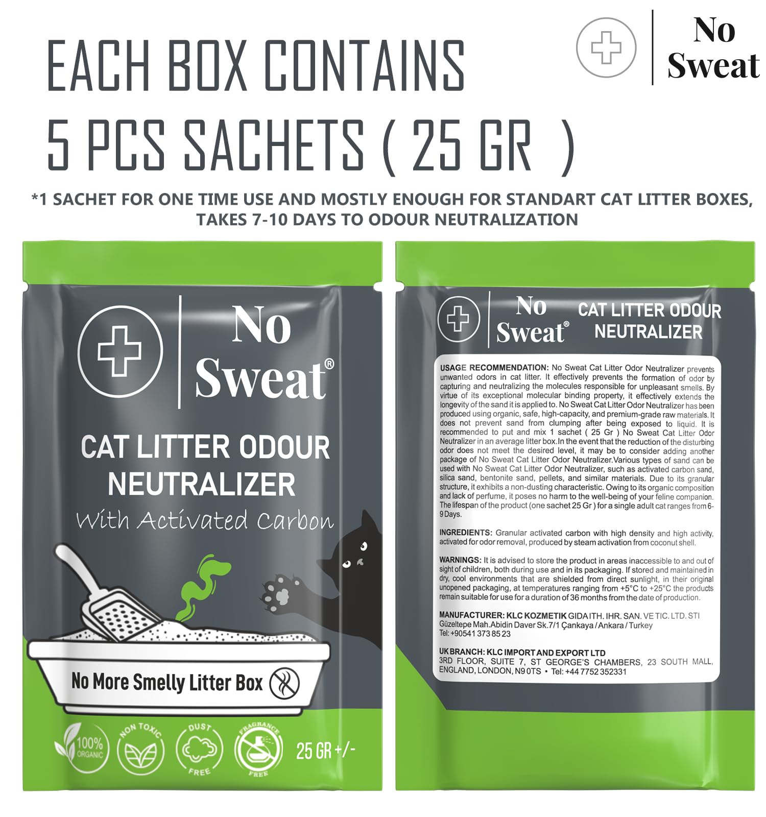 No Sweat Neutralizador de olores de carbón activado para gatos, hecho de cáscara de coco, todo natural, sin productos químicos, ingredientes tóxicos, sin perfume, apto para el planeta, desechable, 5
