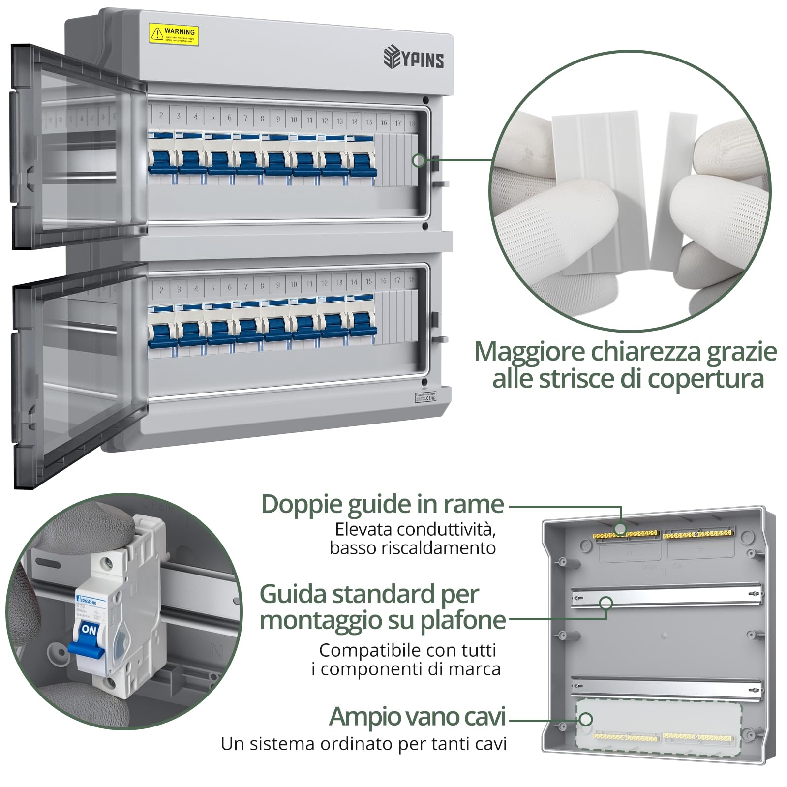 EYPINS Quadro Elettrico Esterno 2 File 36 Moduli,Scatola di Derivazione a Apertura Orizzontale,IP66 Impermeabile,con Coperchio Chiusura Moduli/Pressacavi per Esterno Garage Industriali,370x110x370 mm