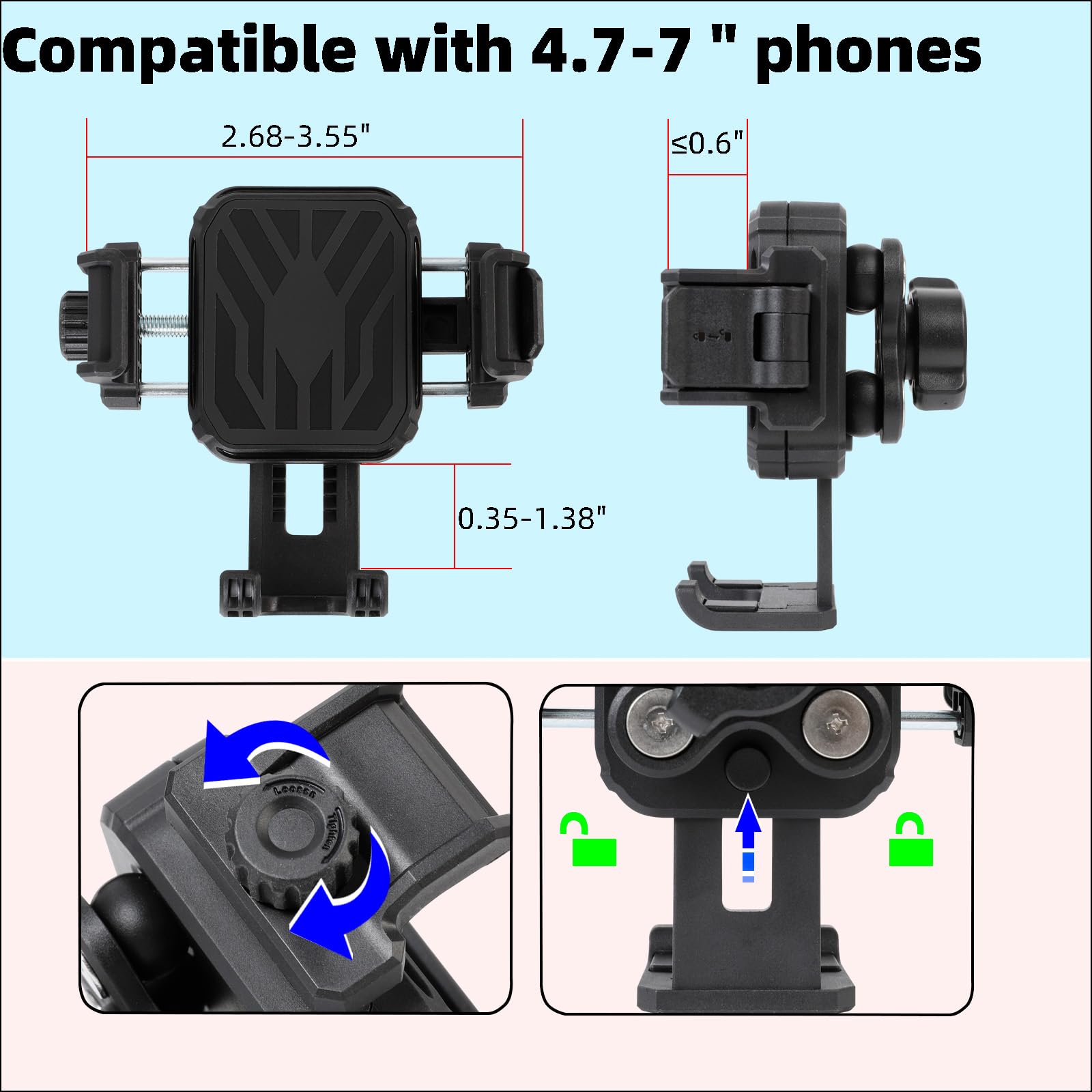 Supporto per telefono a sfera regolabile da 2,5 cm con braccio medio da 9 cm per smartphone da 4,7 a 7 pollici, supporto universale per telefono con smorzatore di vibrazioni [compatibile con