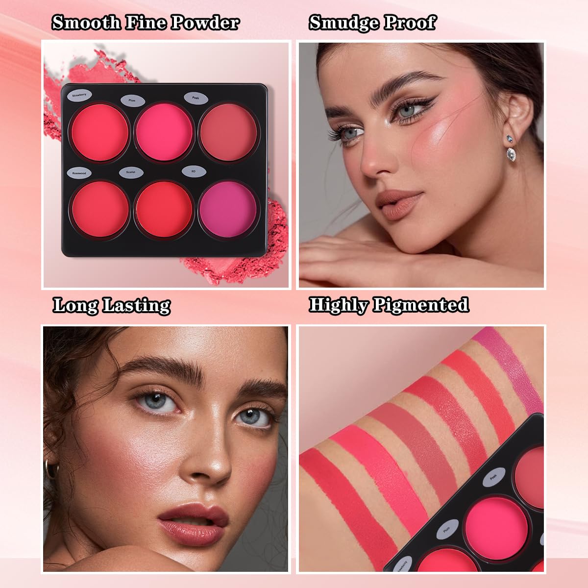 Katiluxiya 6-Color Blush Palette Long Lasting High Pigment Matte Pressed Powder Blush for Cheeks Long Lasting High Pigment Matte Shimmer Pressed Powder Blush - Image 3