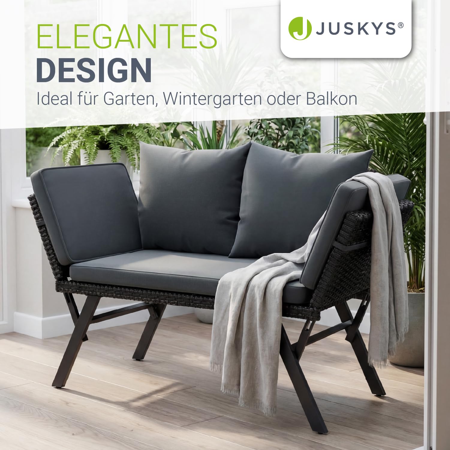 Juskys Gartenbank Calvia bis zu 3 Personen | Sitzen oder liegen im Freien | klappbare Polyrattan Multifunktionsbank & Sonnenliege | Gartensofa Outdoor wetterfest | bis 240 kg für Balkon und Terrasse
