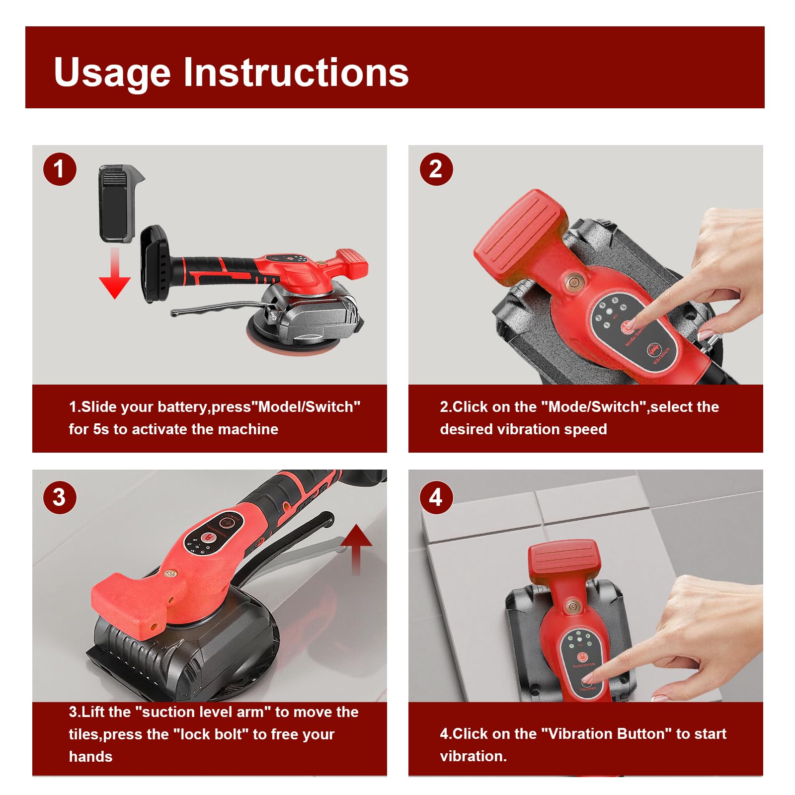 Outil de nivellement des vibrations de carrelage compatible avec batterie Milwaukee, outil d'installation de vibrations de motoculteur sans fil avec jauge de niveau à bulle, ventouse, design de
