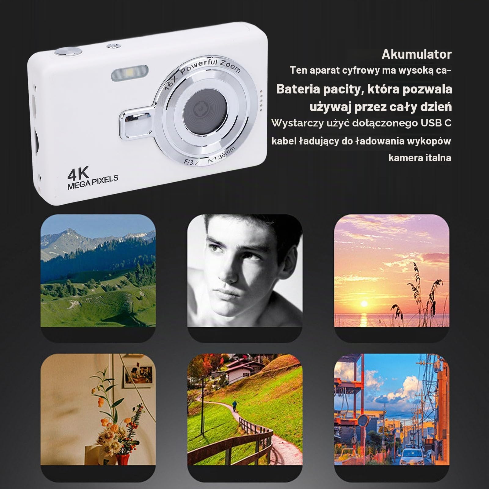 Aparat Cyfrowy 4K, 16x Optyczny Zoom Hd Kamera Vlogging z 2,4 -calową Ips Ekran 50mp Kompaktowy Przenośny Pestek Mały Punkt dla Dzieci dla Dzieci Nastolatków (64GB)