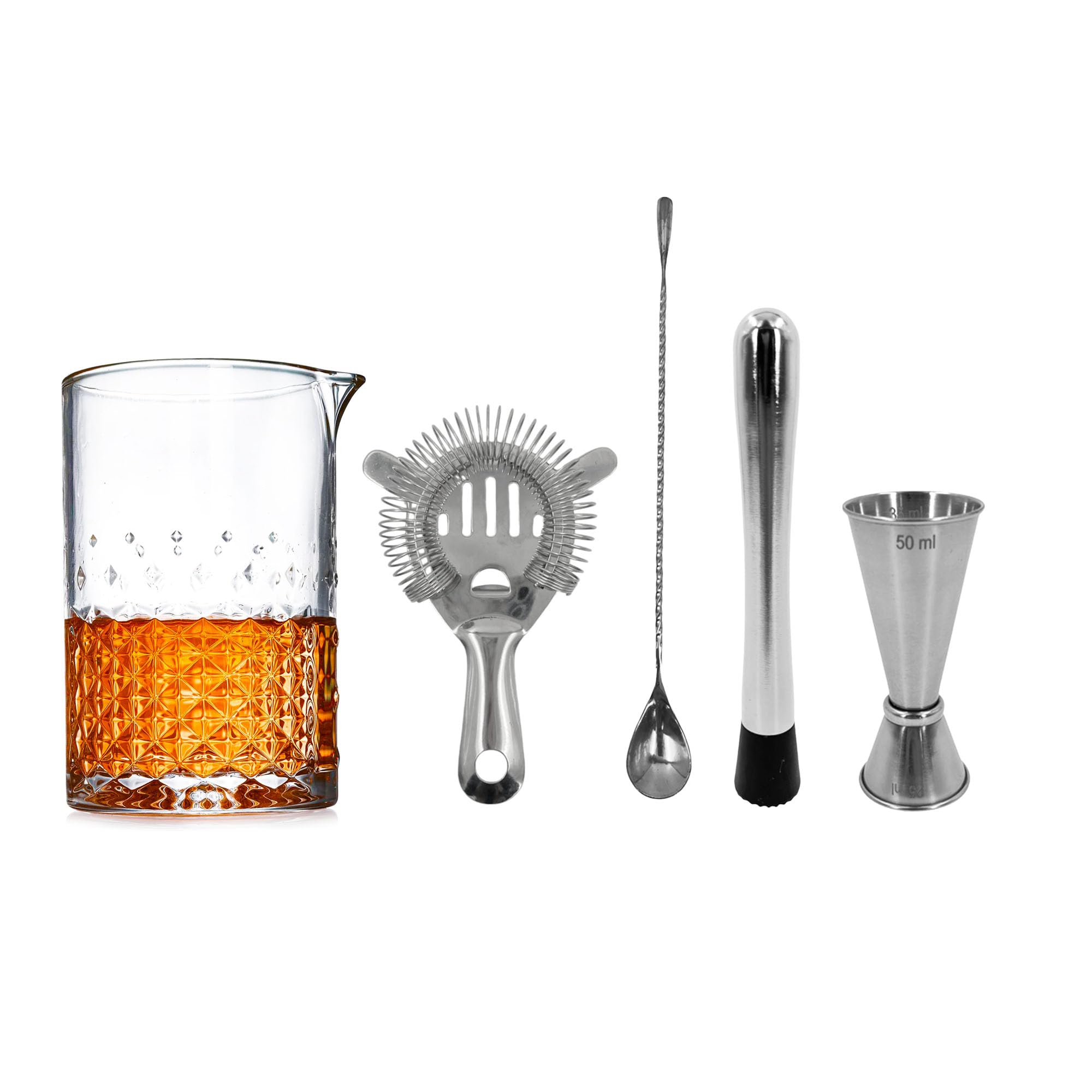 Chabrias Ltd Stainless Steel 5 Piece Stainless Steel Cocktail Set – 5-Piece Cocktail Mixing Glass Kit With 24Oz Mixing Glass, Hawthorne Strainer, Jigger, Bar Spoon & Muddler For Home Or Professional Bar Use