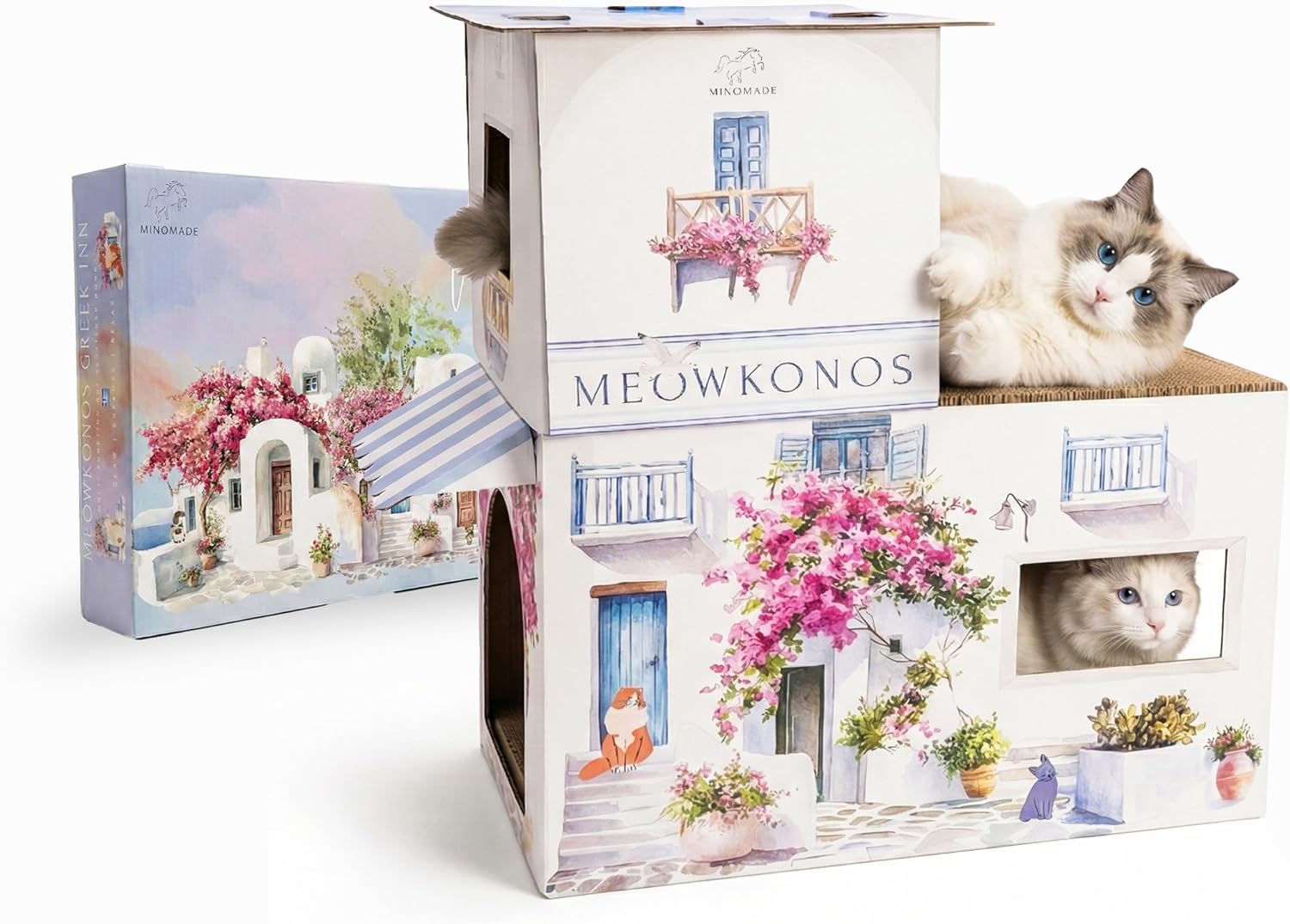 Extra Large & Durable 2-Level Cardboard Cat Scratcher House – Meowkonos Santorini Greece Villa, Cave Hideout, Indoor Cat Bed, Cat Scratch Pad, Kitten Play Tower, Cat Furniture Condo