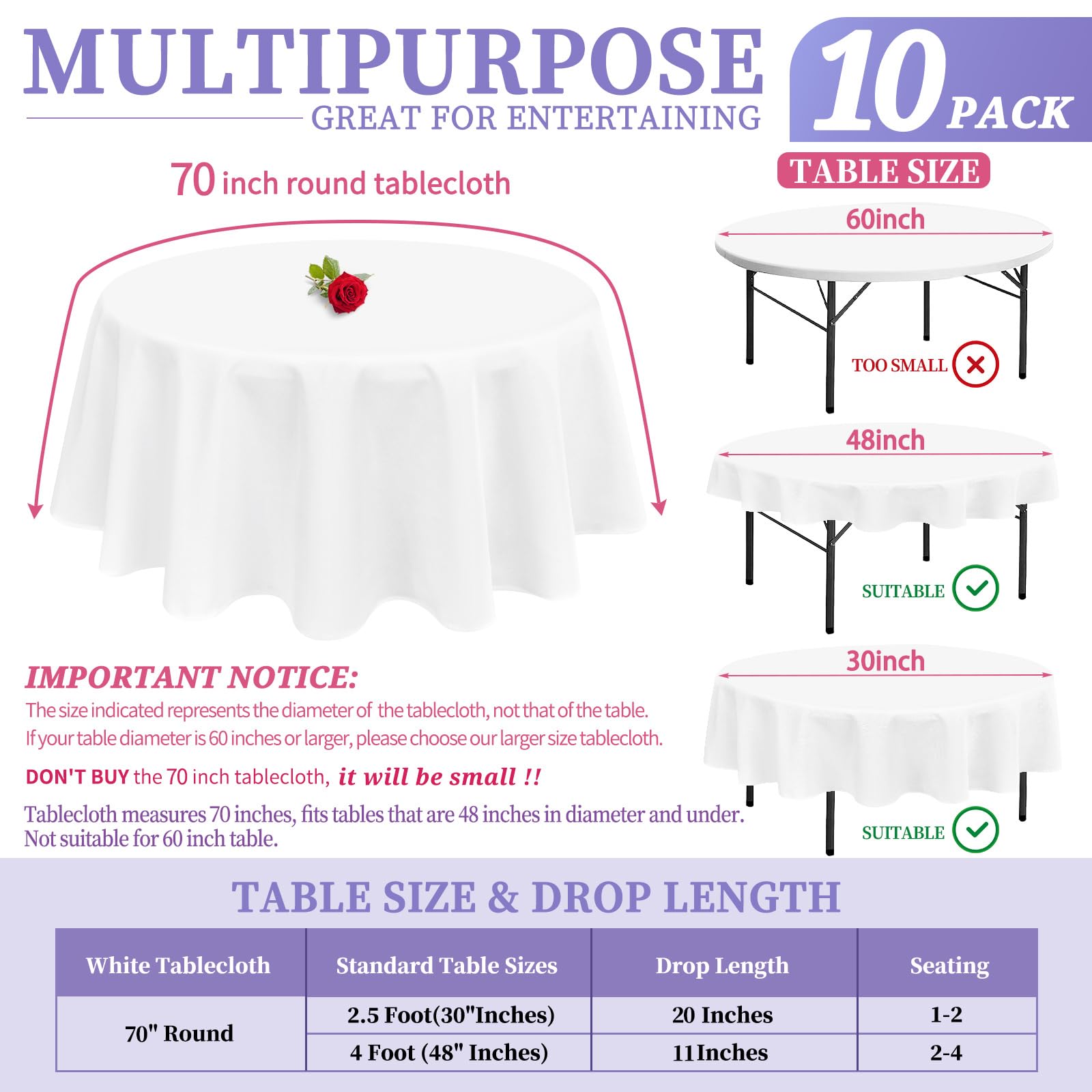 Washable Polyester Table Cover Showgeous 10 Pack White Round Tablecloths -  90 Inch S For Wedding \u0026 Parties Nappe De Table Rectangulaire, image size:1600x1600