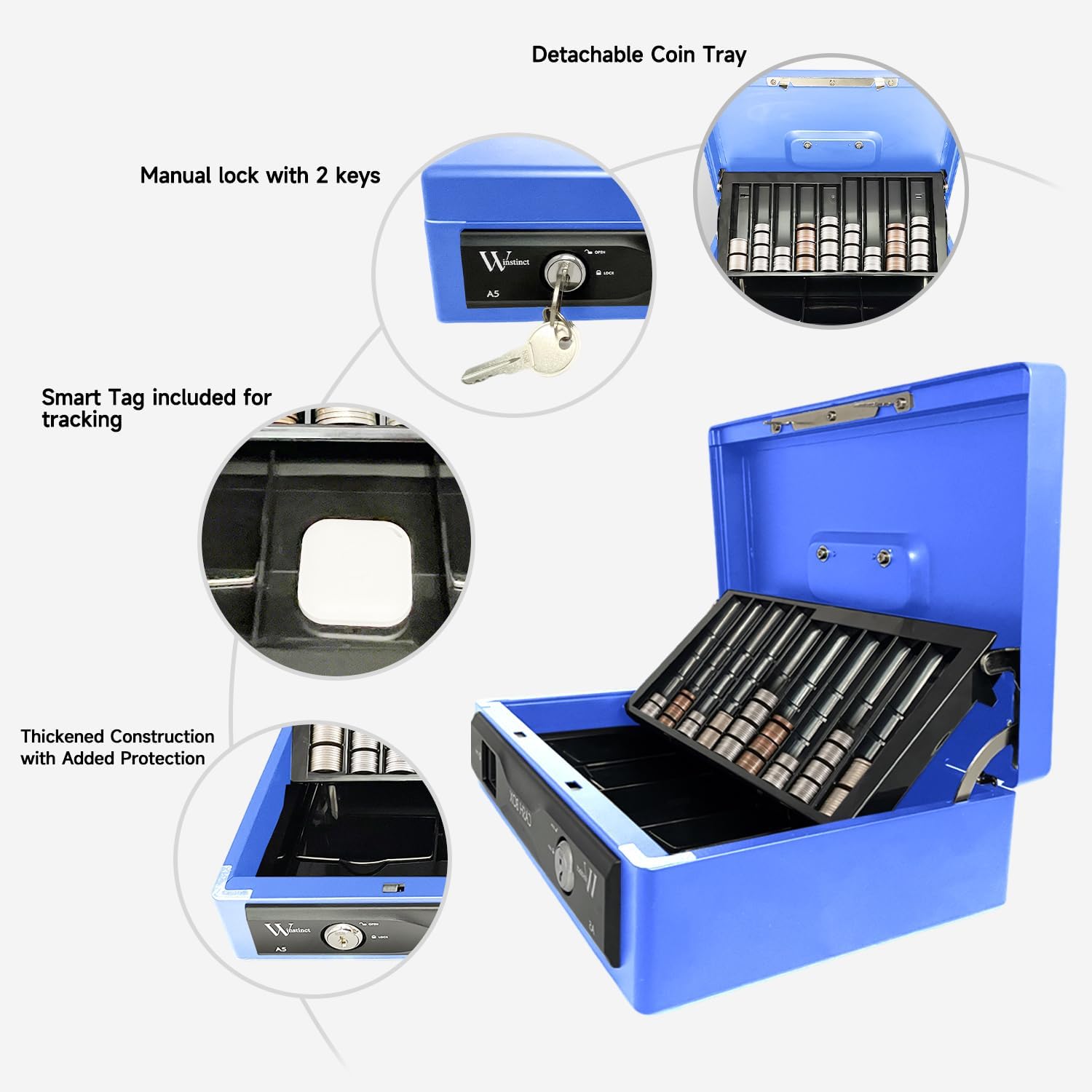 Cash Box with Lock and Tray,with Smart Tag have GPS Tracking,Money Box for Cash, Lock Safe Box with Key,Money Saving Organizer, Metal Money for Business,Home, Travel, Gifts