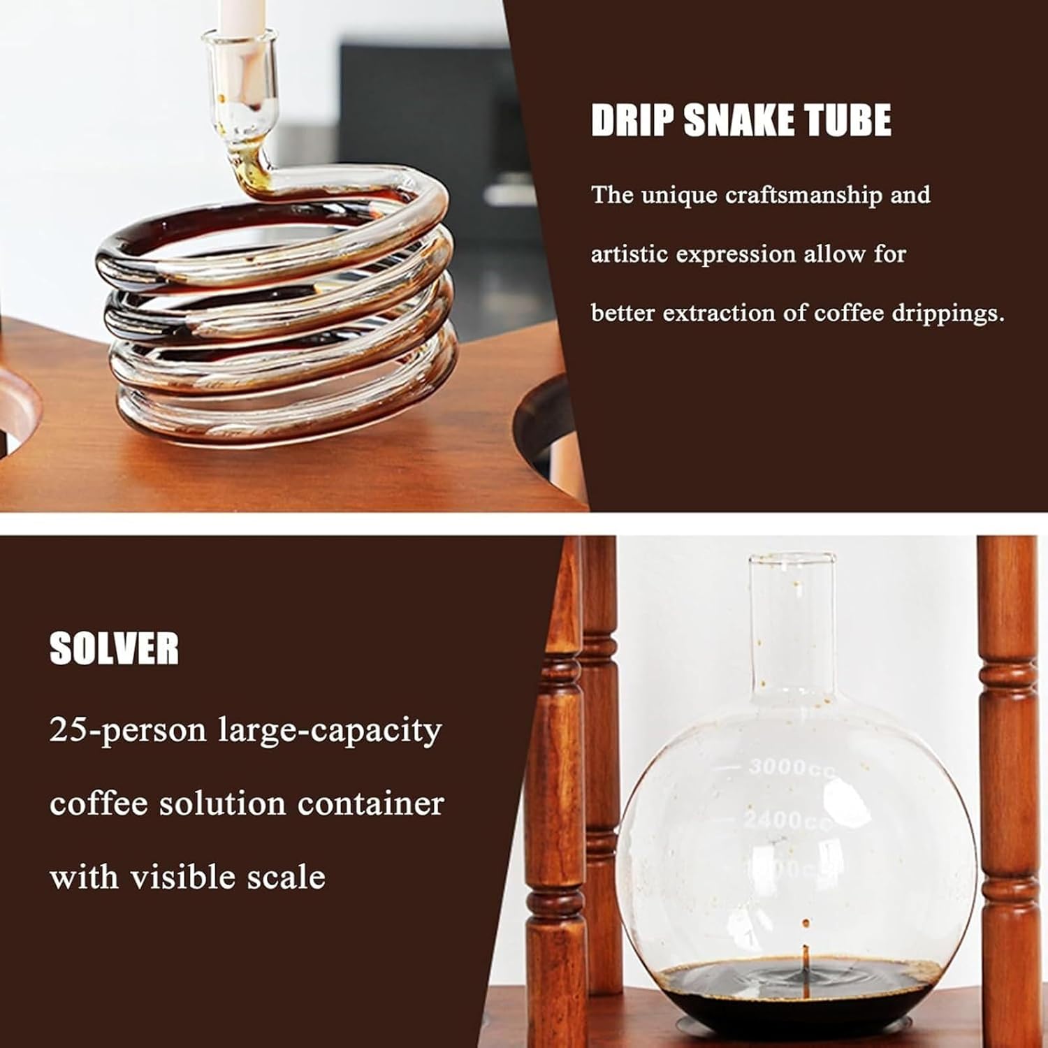 Cold Brew Drip Coffee Maker Tower, Iced Coffee Brewer with Slow Drip Technology, Wooden Stand, Serves, for Home Office Use