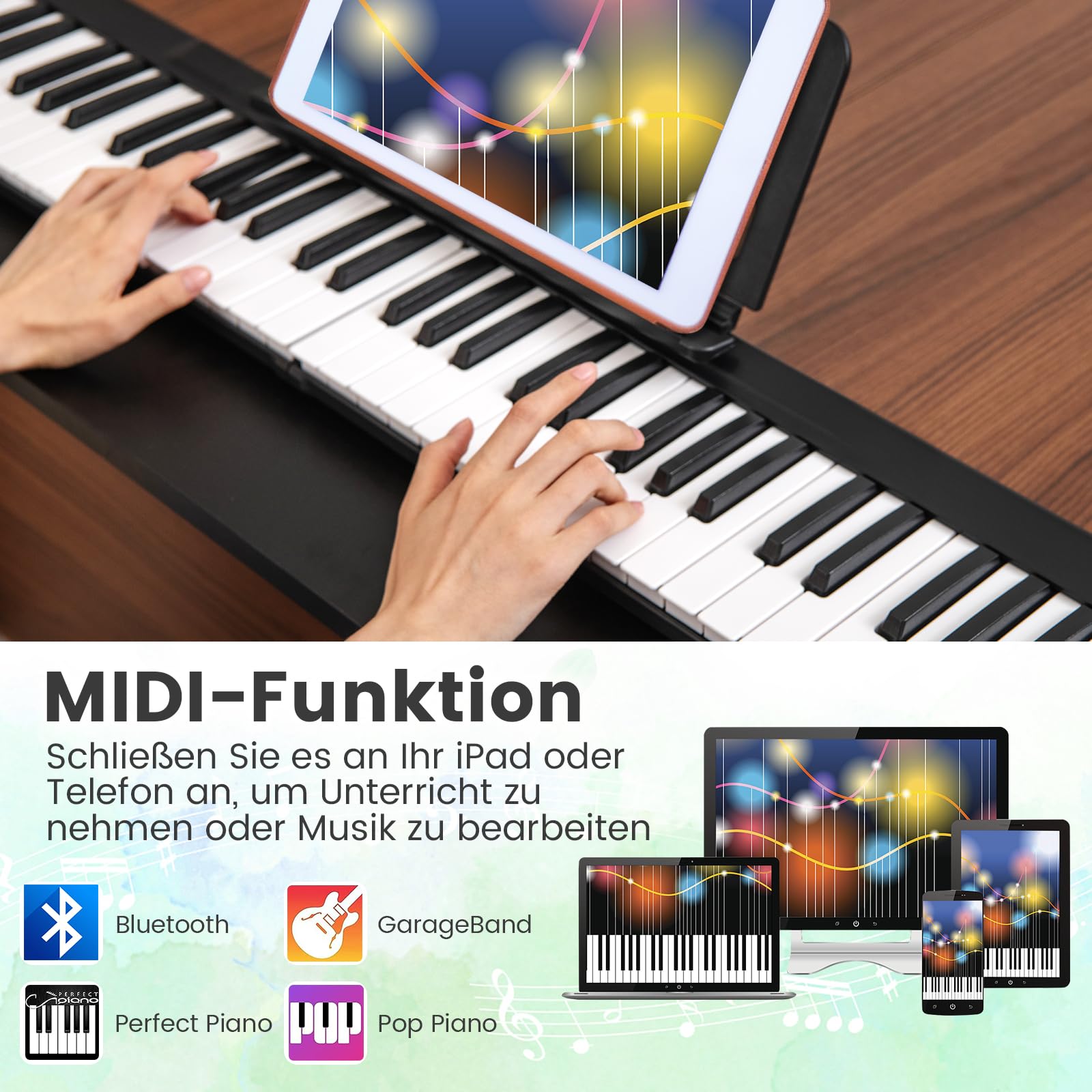 COSTWAY 88 Tastatur Keyboard faltbar, Digital Piano mit MIDI & Bluetooth & 128 Rhythmen & 128 Tönen, Elektronisches Klavier für Kinder, Klaviertastatur mit Tasche, E Piano, Schwarz