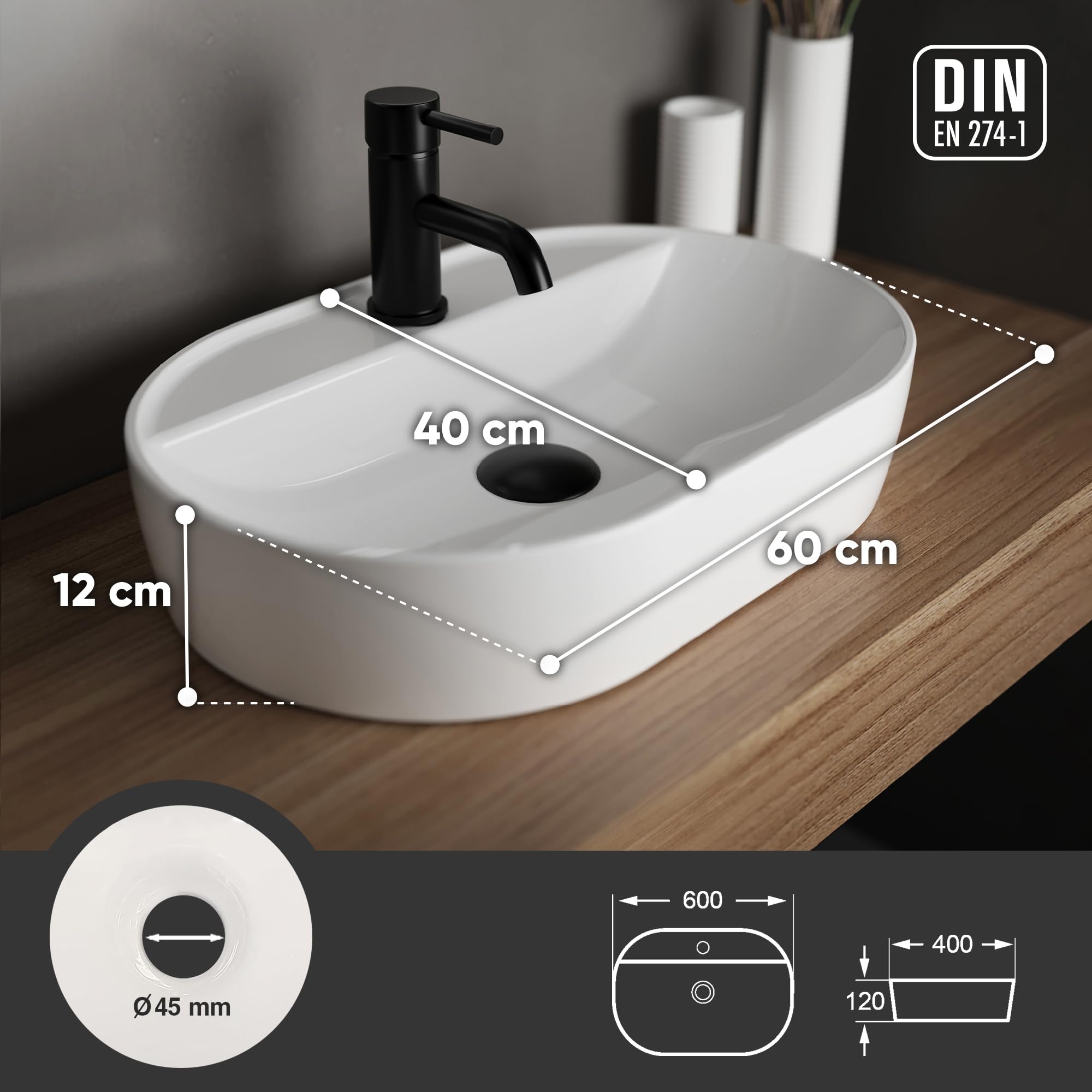 Alpenberger Waschbecken 60 cm Breit | Aufsatzwaschbecken Oval | Waschschüssel mit Nano für Badezimmer und Gäste WC | Waschtisch Klein | Waschschale mit Hahnloch