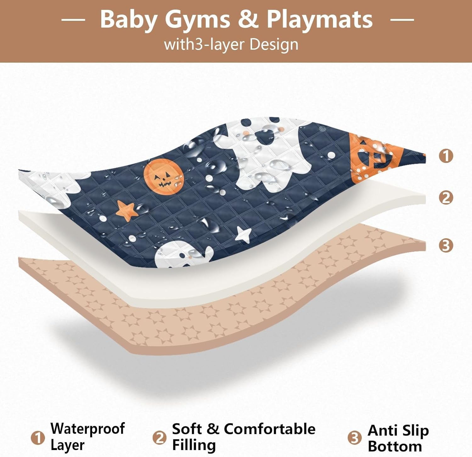 Ghosts and Halloween Pumpkins Baby Play Mat, 50“ X 50” Washable Folding Crawling Mat, Baby Floor Mat, Soft, Non-Slip