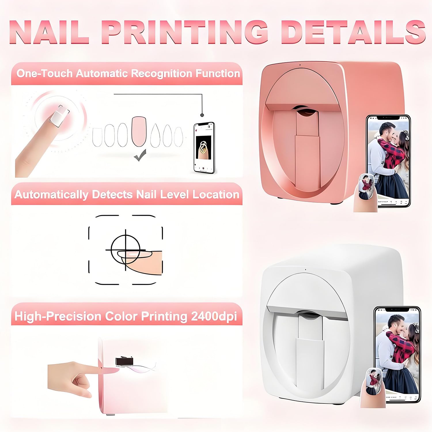 Stampante per Unghie, Stampante per Nail Art 2400 Dpi, Stampa Rapida in 20 Secondi, Design del Motivo Personalizzabile, Stampa E Asciugatura 2 in 1, per Casa White