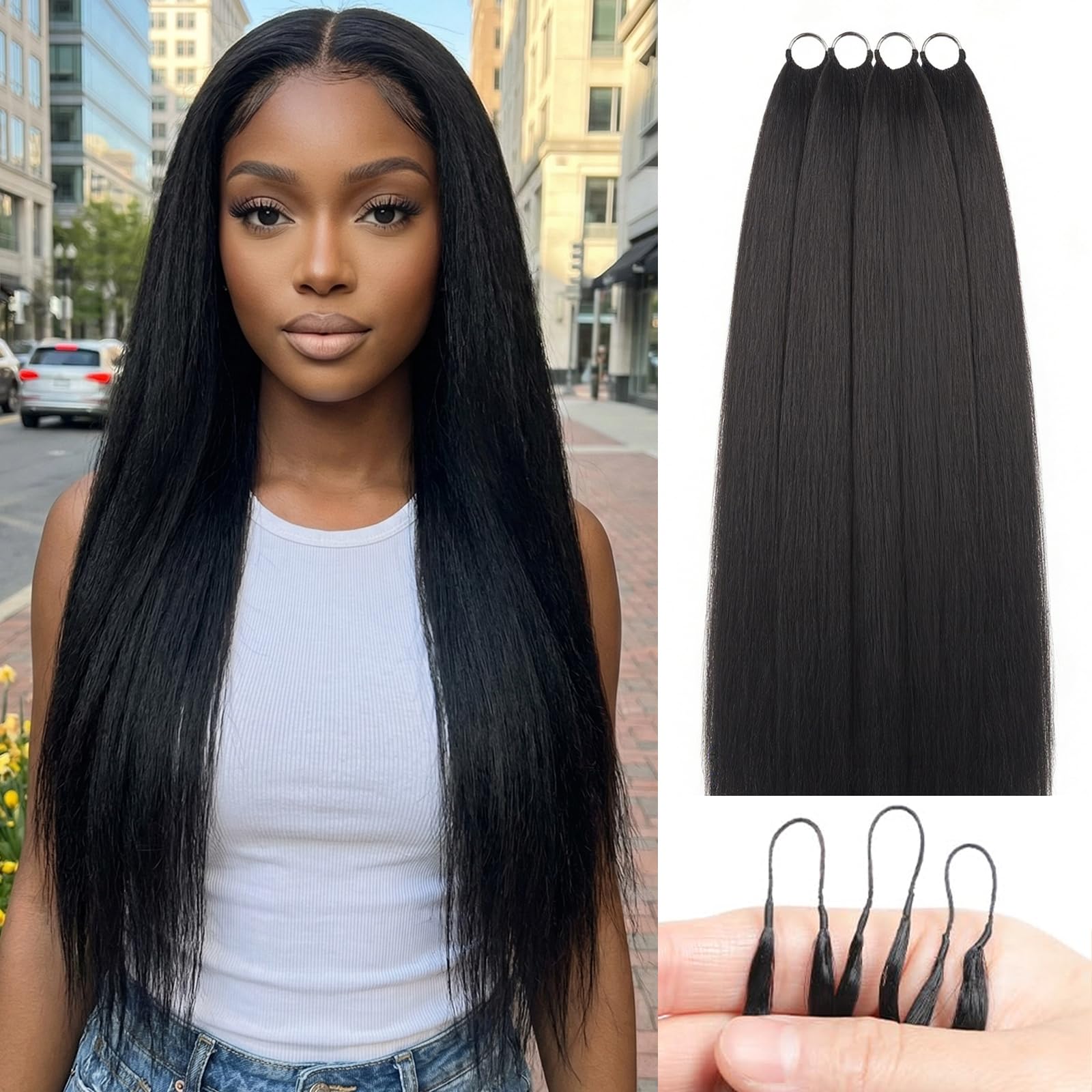 Kinky Straight Crochet Human Hair Bundles 24 Inch 90g Pre-Separated Feather Crochet Blended Synthetic Yaki Straight Invisible Crochet Hair Extensions 50 Strands Natural Black 24 Inch 90g #Natural Black