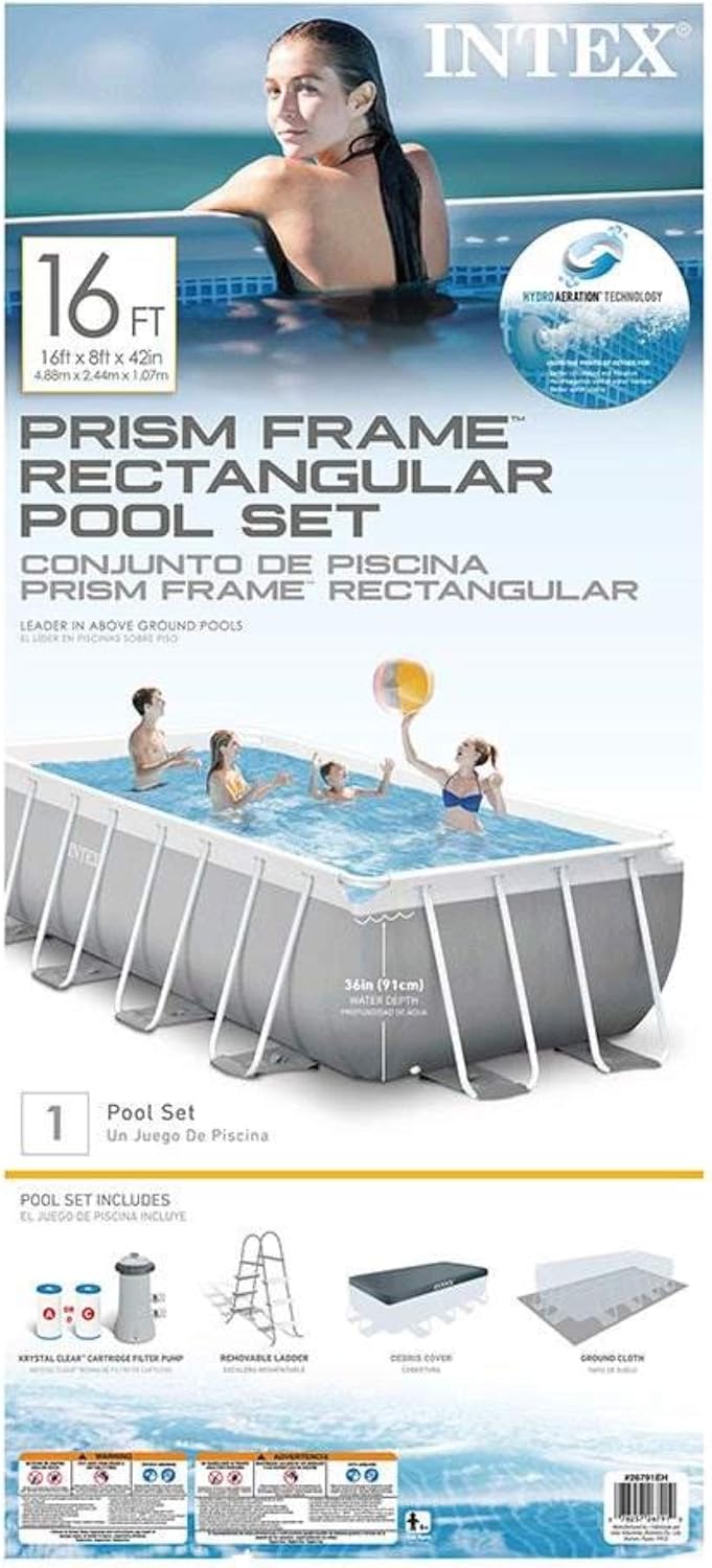 Intex 16 Foot by 42 inches Frame Rectangular Above Ground Swimming Pool Set with Filter Pump, Ladder, Ground Cloth, Protective Canopy, and Pool Cover