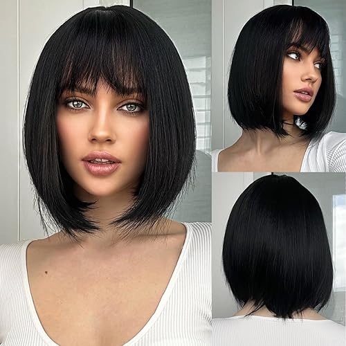 Bob Black Wig with Bangs Natural Short Straight Wigs for Women Shoulder Length Synthetic Wigs for Daily Cosplay