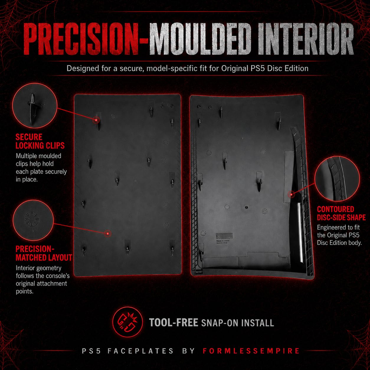 Placa frontal para PS5 placas laterales PlayStation 5 Disc Edition, accesorio de repuesto para consola, cubierta negra antiarañazos, protector de piel (araña)