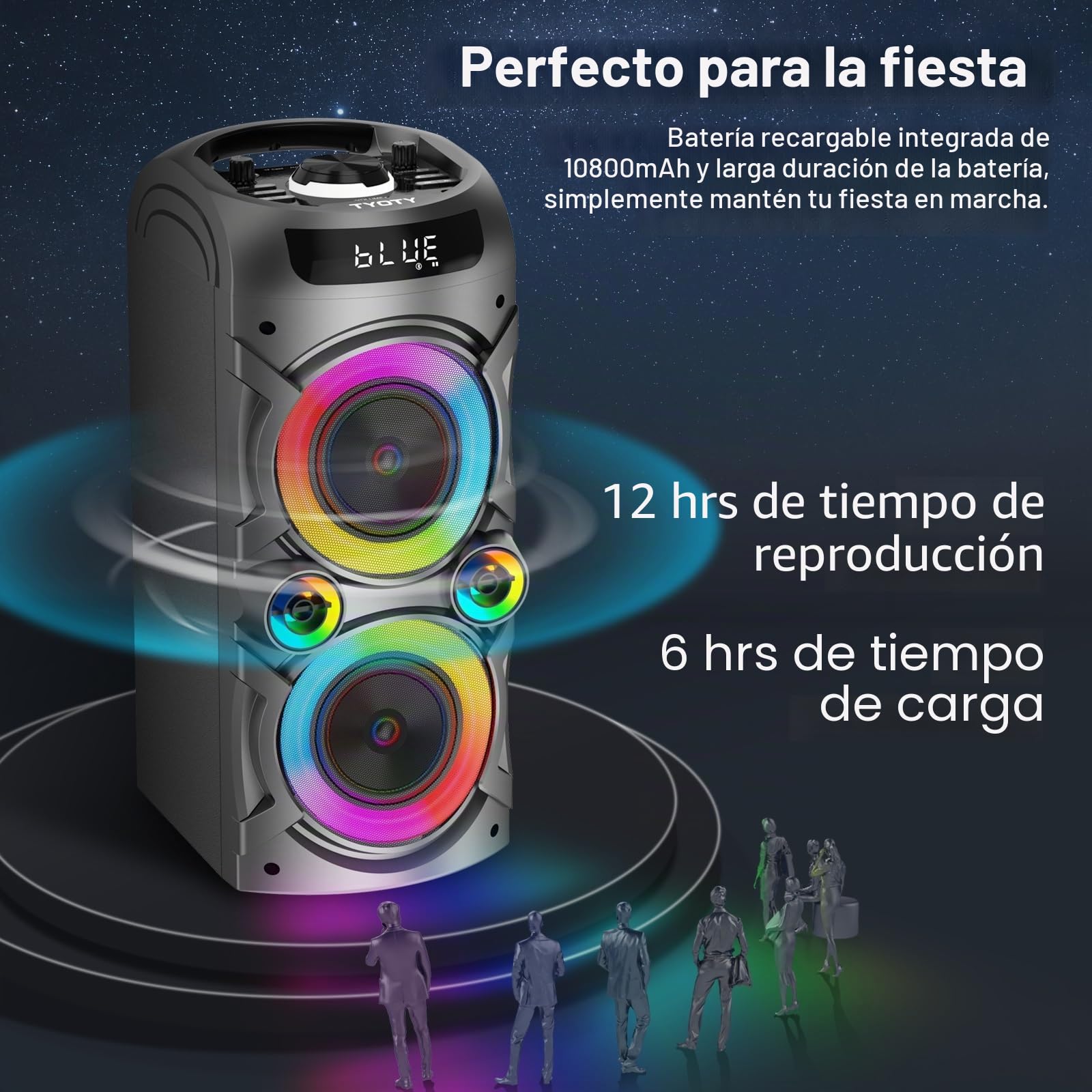 Altavoz Bluetooth portátil de 100 W Altavoz inalámbrico de alta potencia TWS Emparejamiento estéreo fuerte Graves profundos Gran altavoz de fiesta con subwoofer Luz de campo LED (Negro)