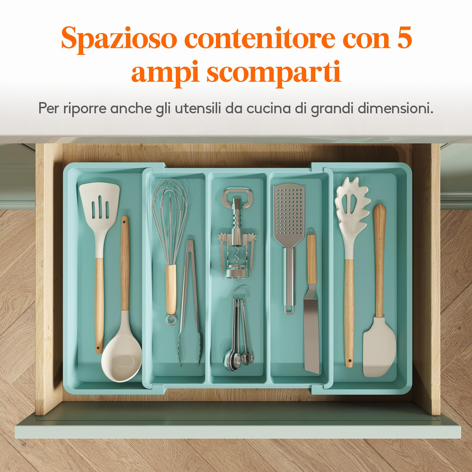 Lifewit Portaposate da Cassetto, Porta Utensili Espandibile da Cucina, Supporto Regolabile per Posate e Utensili, Divisorio in Plastica per Utensili e Gadget da cucina, Grande, Turchese