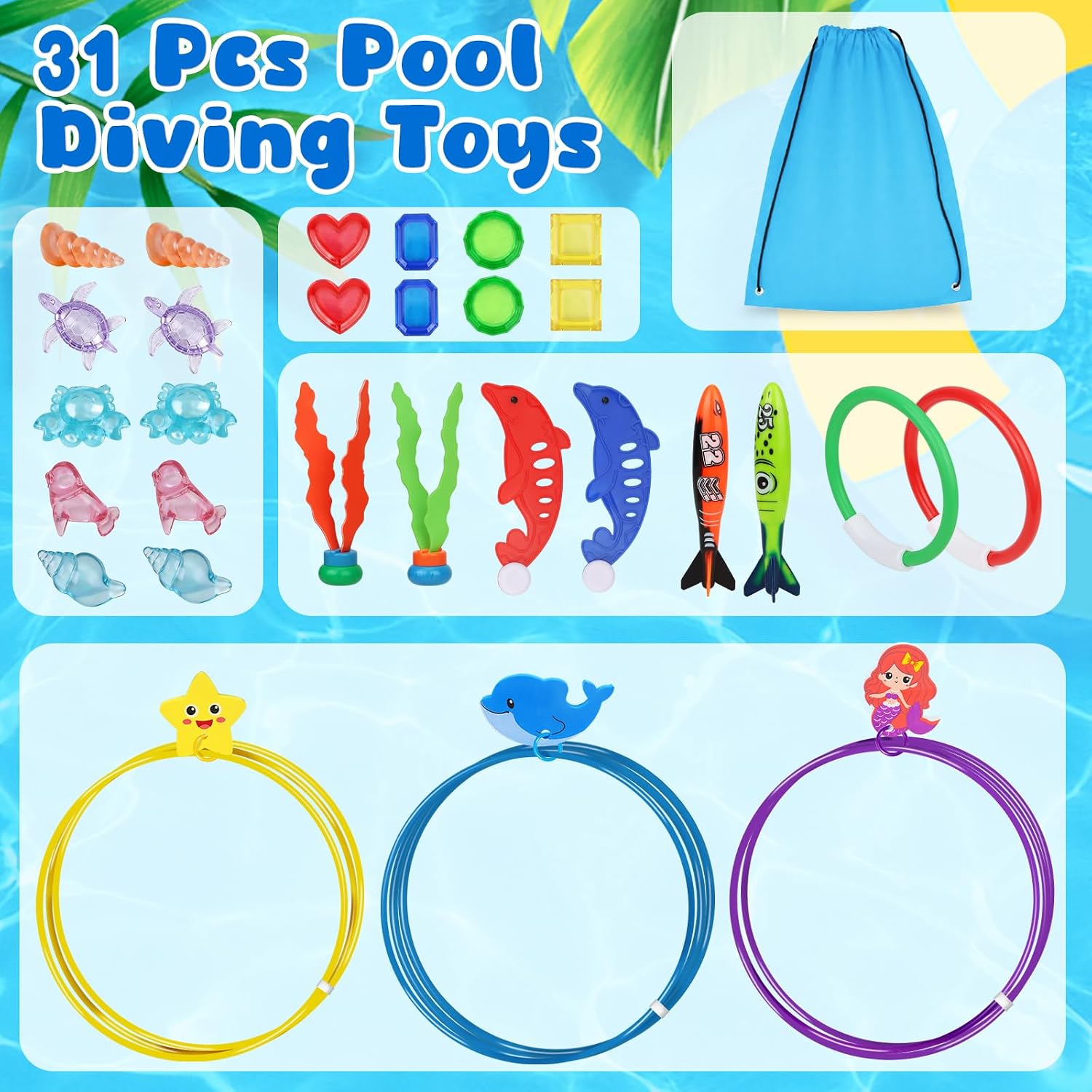 Pool Diving Toys for Kids: 31 PCS Underwater Swim Rings Diving Game Set image 4