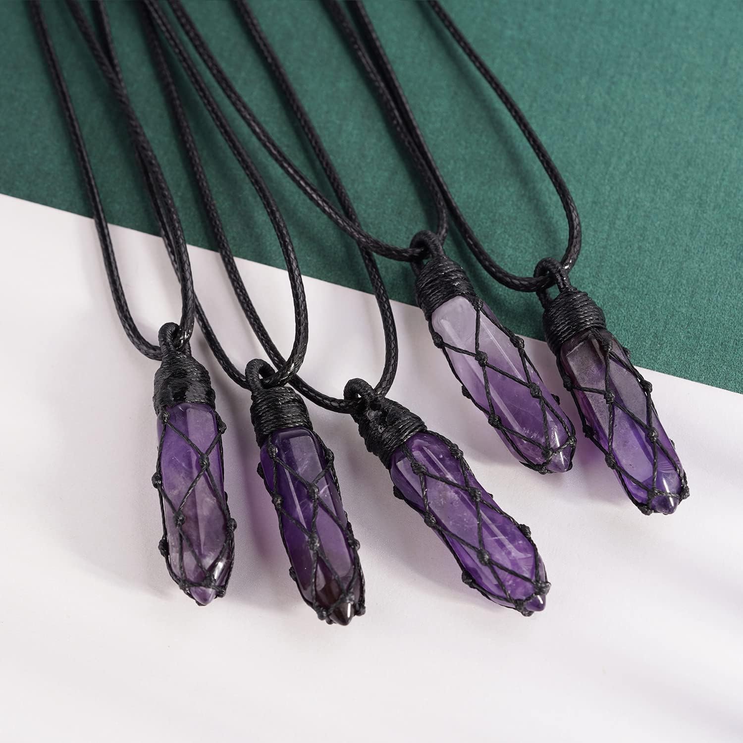 Miniatura 3 de Black Obsidian Healing Crystal Points Necklace Adjustable Rope Hexagonal Wrapped Braided Stone Pendant Necklace Handmade Gemstone Jewelry for Men