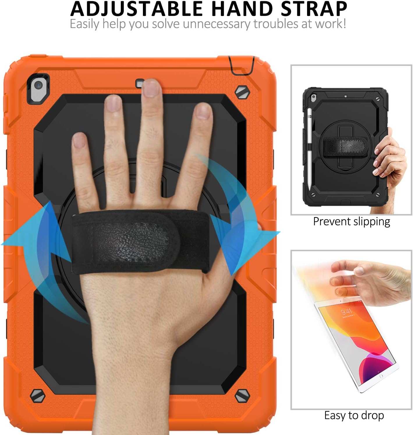 New Deal iPad 9th/8th/7th Generation Case, iPad 10.2 Case 2021/2020/2019, [Shockproof] Ambison Full Body Protective Case with 9H Tempered Glass, Rotatable Kickstand/Hand Strap, Shoulder Strap (Orange & Black)