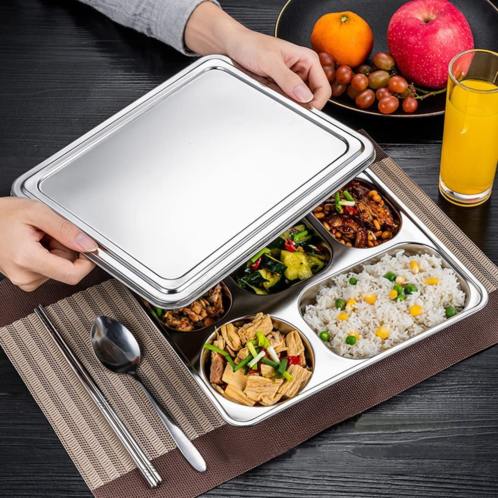 Plateau à dîner divisé en 5 sections avec couvercle, assiettes divisées rectangulaires en acier inoxydable 304, plateau de service compact boîte à lunch pour le contrôle des aliments (lot de 100)