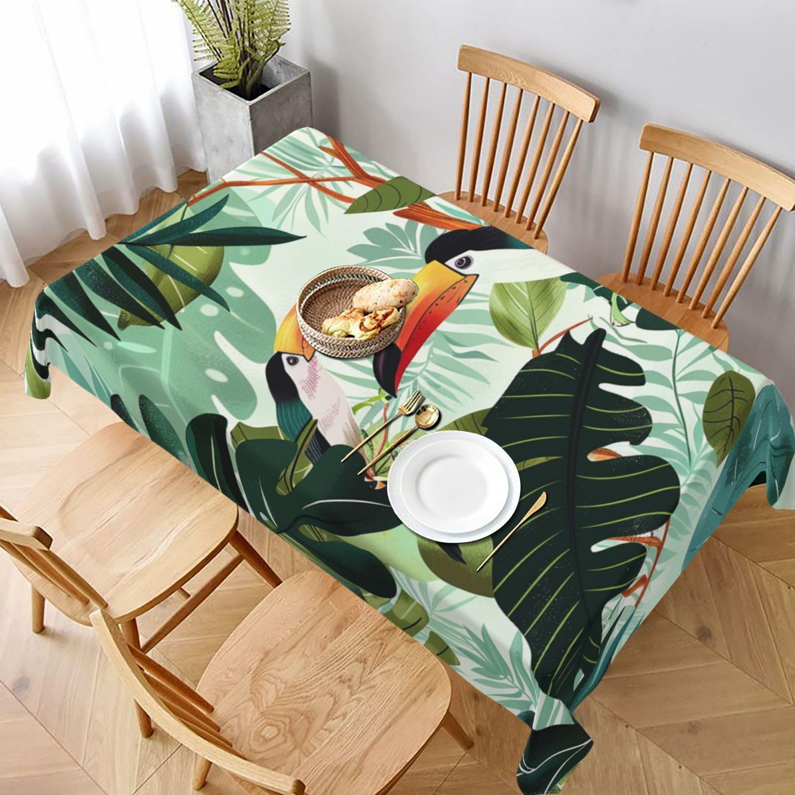 WPKJU Tropical Leaves Bird Printed Tablecloth 60x90 in Water Resistant Table Cover Washable Rectangle Table Cloth for Dining Tables
