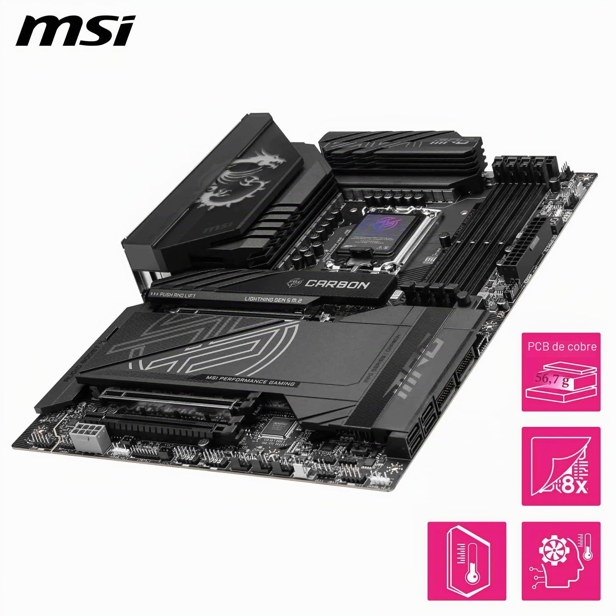 MSI MPG Z890 Carbon WiFi Placa Base - ATX - Admite Intel Core Ultra (Serie 2), LGA 1851-110A SPS VRM, DDR5 Memory Boost 9200+ MT/s (OC), PCIe 5.0 x16 & 4.0 x16, M.2 Gen5, Wi-Fi 7, 5G L