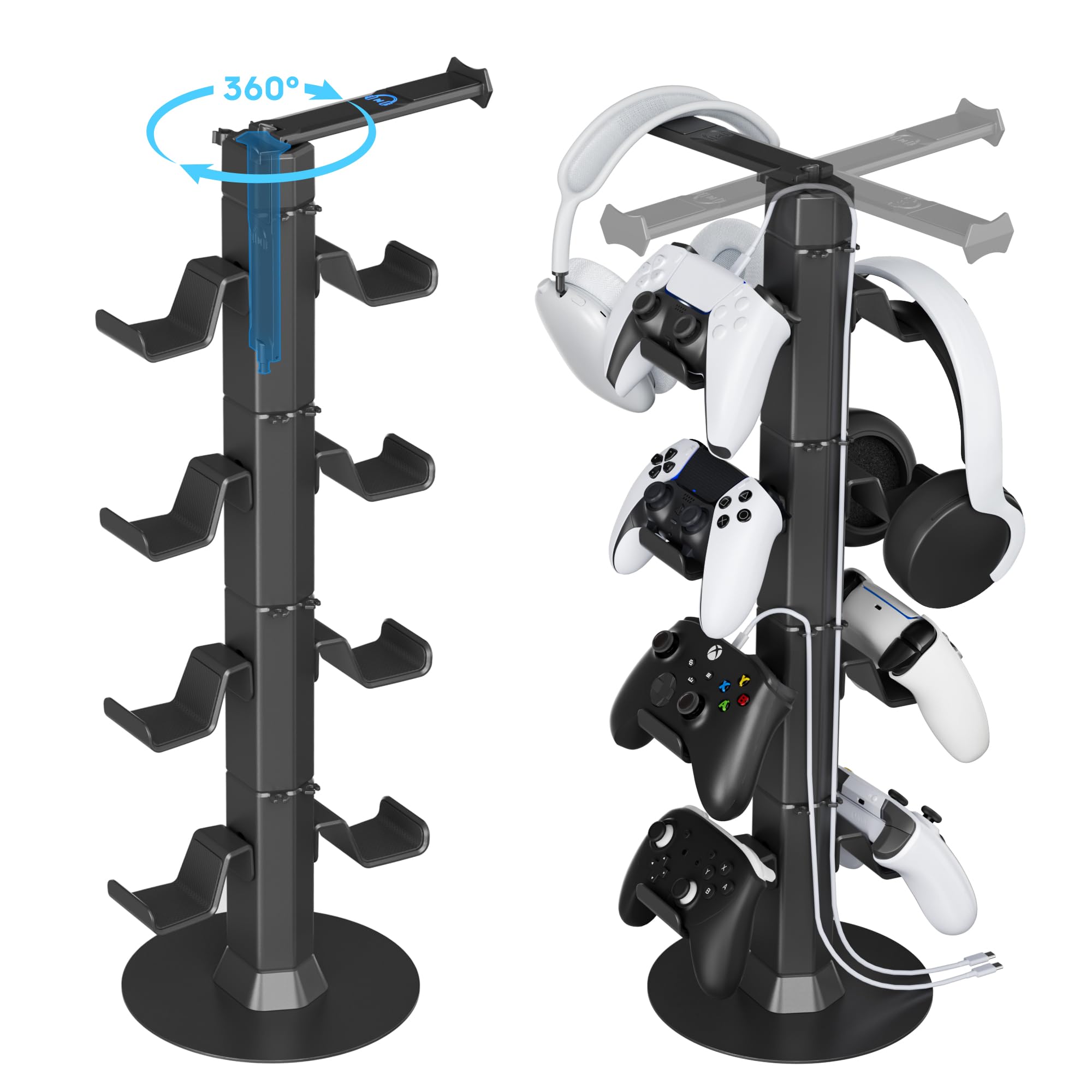 Controller &amp; Headset Holder Stand for Desk, with Charger Cable Organizer Headphone Stand for PS5/ Xbox/ PS4/ Switch, Metal Base Controller Hanger Hook for Storage Earphones, Game Console, Mobile Phone