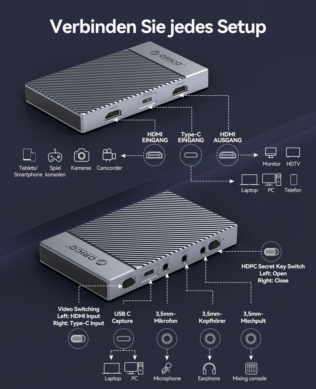 ORICO IS6 4K Portable HDMI Capture Card für Streaming, Dual 4K@60Hz Eingänge, USB-C mit Audioanschlüssen, kompatibel mit PS5, Xbox, Switch, OBS Recording, funktioniert mit PC, Mac, Laptop, iPad
