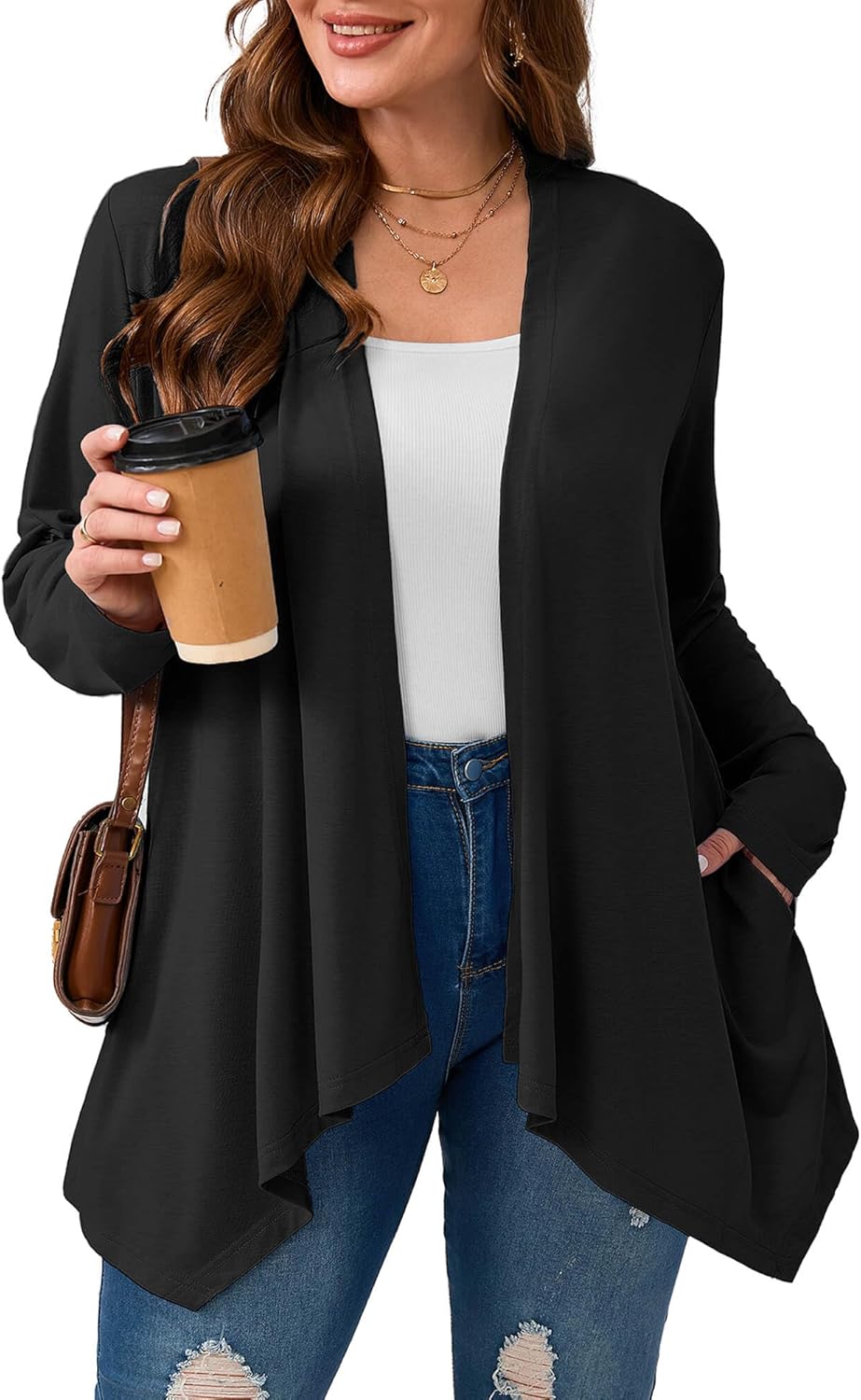 AusLook Women's Plus Size Lightweight Open Front Long Sleeves Cardigan Cover Ups Shrugs Shawls and Wraps Kimono Jacket Coat