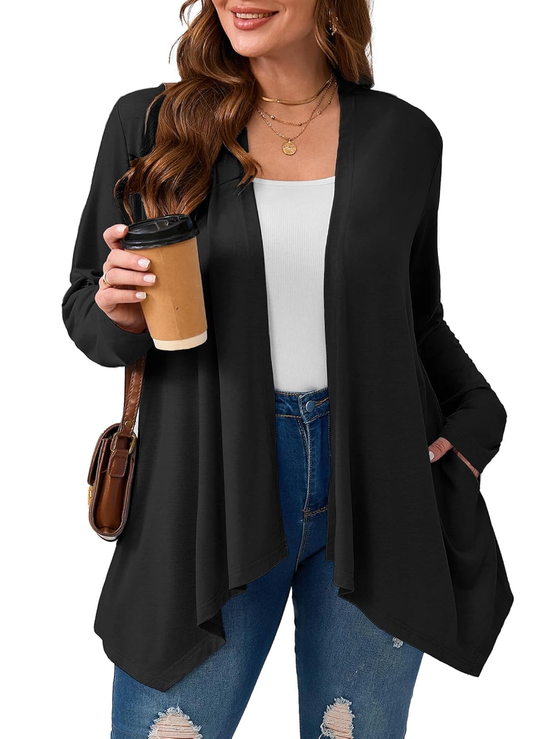 AusLook Womens Plus Size Lightweight Open Front Long Sleeves Cardigan Cover Ups Shrugs Shawls and Wraps Kimono Jacket