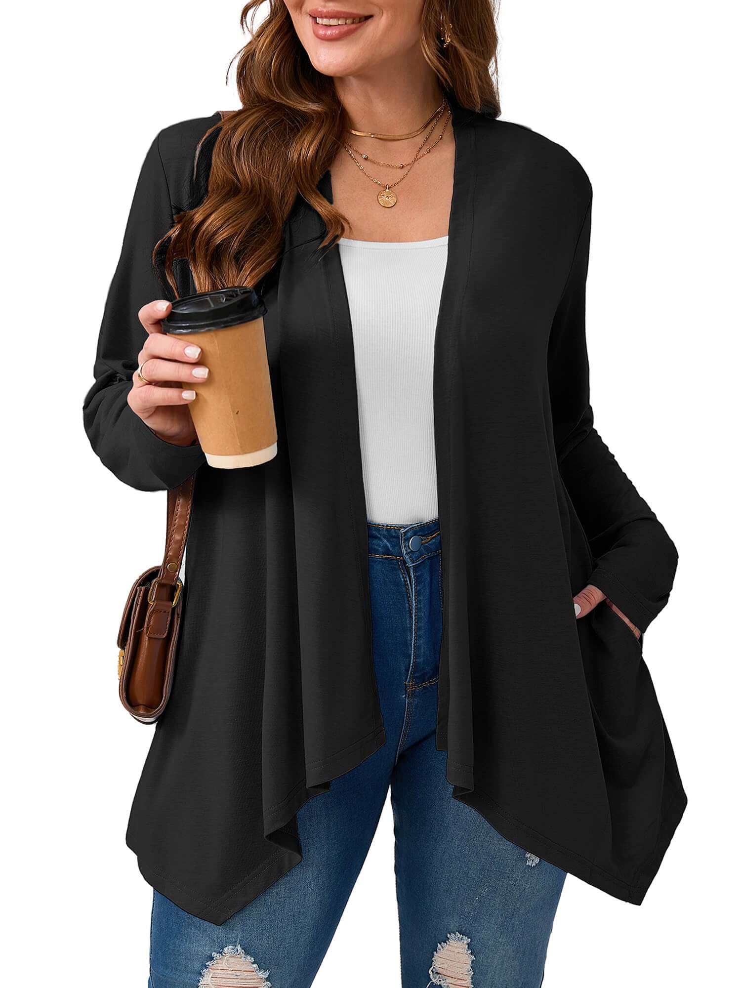 AusLook Womens Plus Size Lightweight Open Front Long Sleeves Cardigan Cover Ups Shrugs Shawls and Wraps Kimono Jacket
