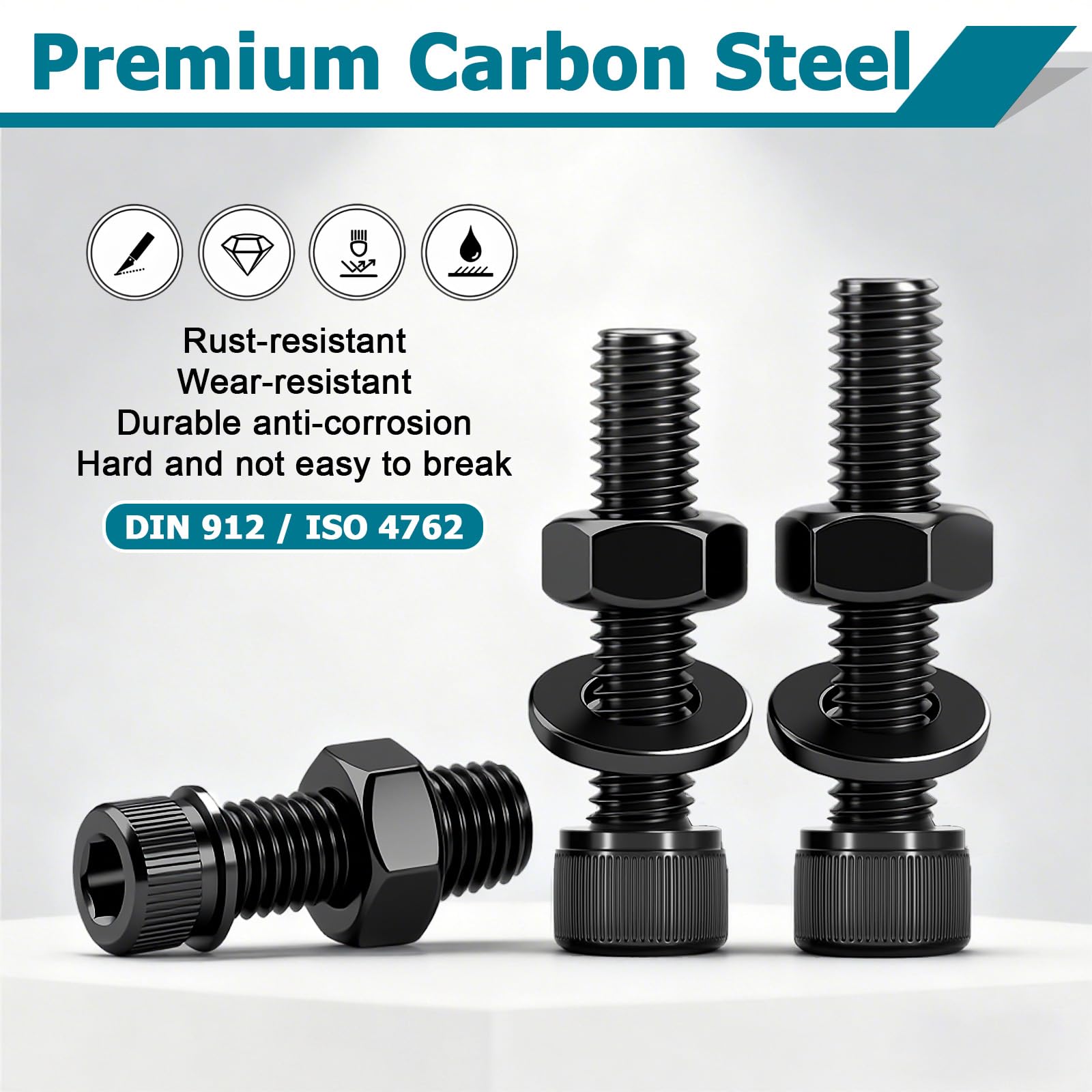 60 Pezzi M4x10mm Viti a Testa Cilindrica con Esagono Incassato, Set viti e dadi M4 Bulloni con testa esagonale dadi e rondelle in Acciaio al Carbonio Nero-Per Macchina