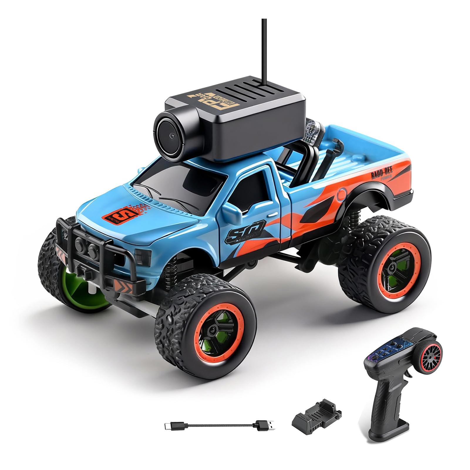 Alomejor Samochód Mini RC 1:64, Zdalnie Sterowany Pojazd Terenowy 2,4G 4WD FPV z kamerą HD, żyroskopem i Diodami LED, dla Dzieci i Dorosłych (BLUE)