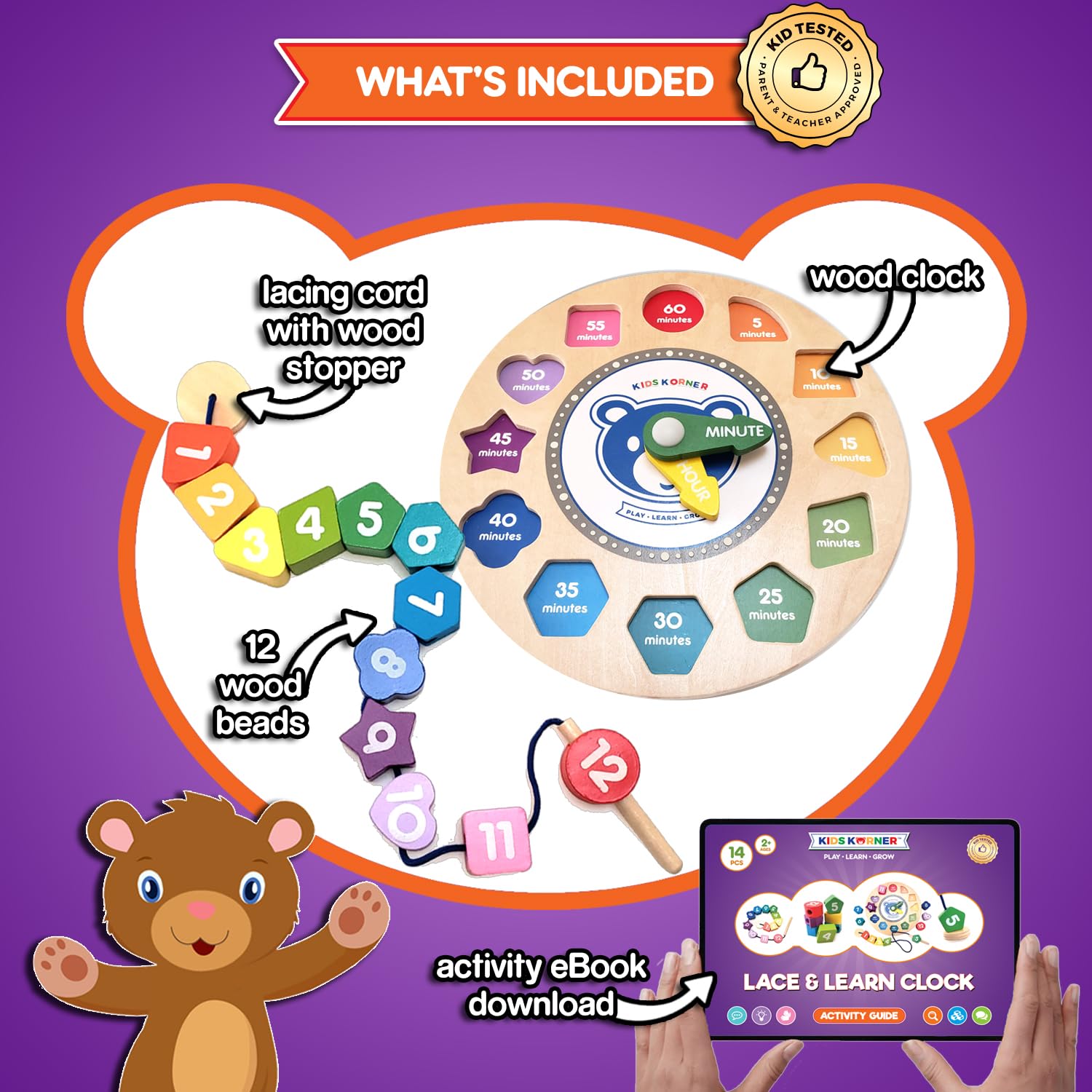 Orologio in legno con pizzo e apprendimento per bambini, forme, colori, lacci e tempo di rivelazione, si illuminano al buio abilità motorie sottili e giocattoli in legno con e-book