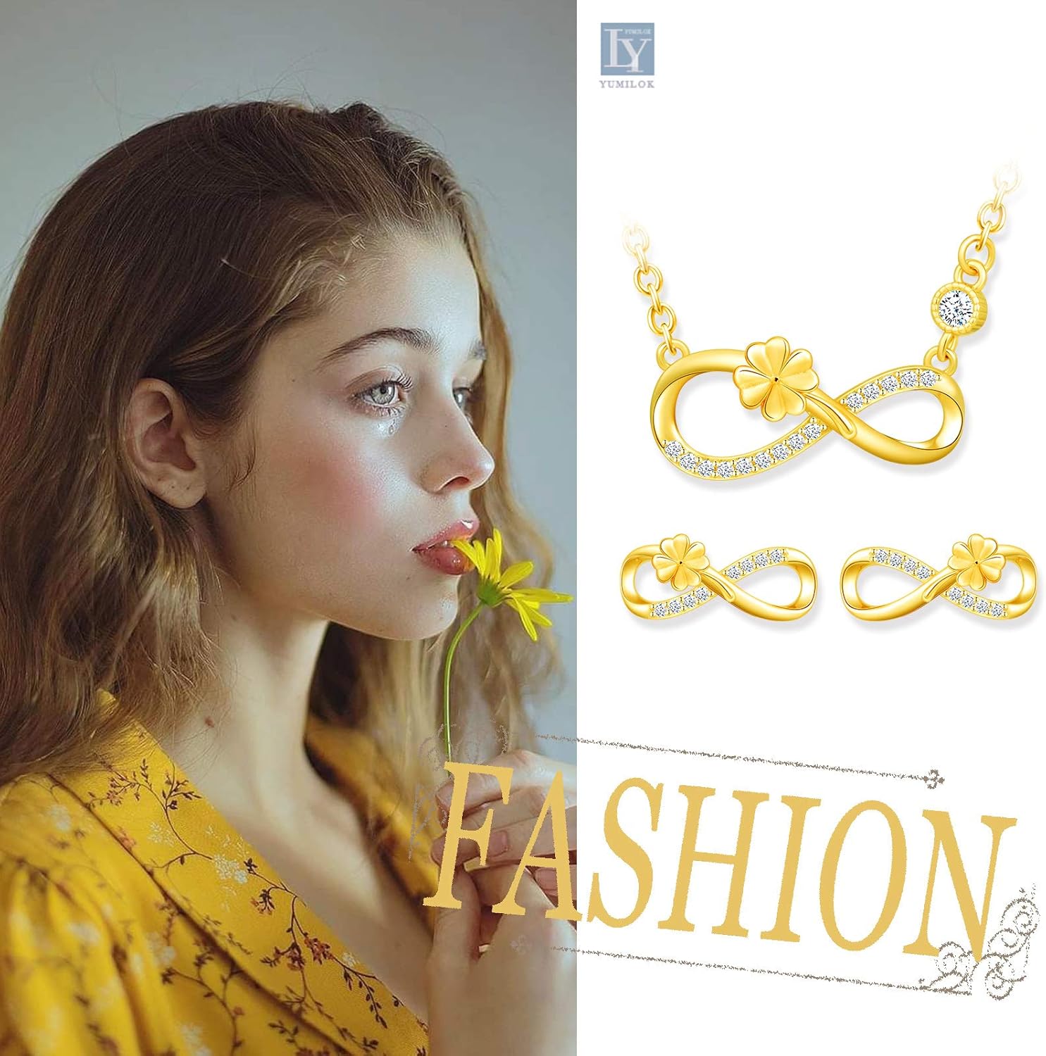 Yumilok Infinity 4 Leaf Clover Necklace Earring Set 925 Sterling Silver Earrings Studs Pendant Necklace Jewelry Set for Women Her Teen Mom Wife