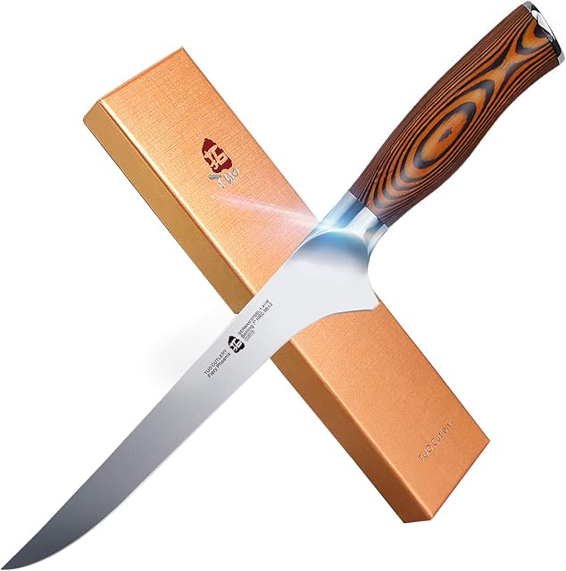 TUO Boning Knife Fillet Knife 7 inches Flexible Fish Knife German High Carbon Stainless Steel Kitchen Knife with Ergonomic Pakkawood Handle-Fiery Phoenix Series