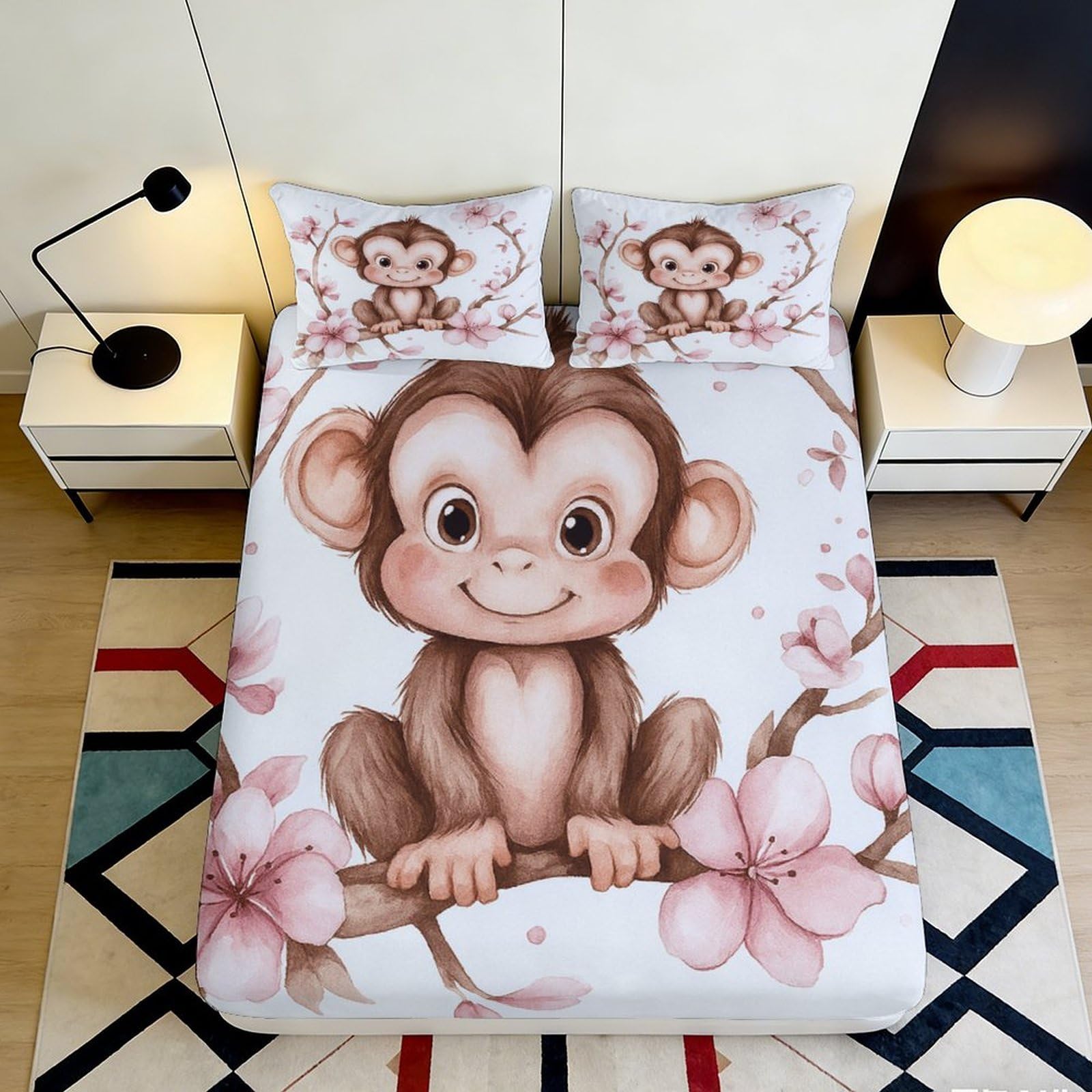 3D Printed Cartoon Monkey Blossom Fitted Sheet Microfiber Soft Anti-Slip Bed Cover for Bedroom Dorm Mattress Decor 200x200x25cm